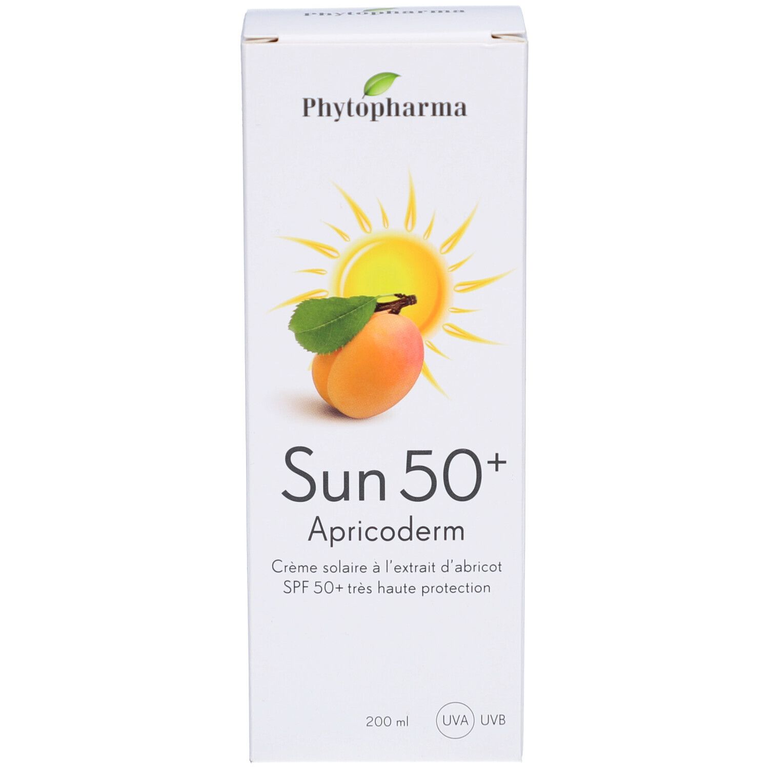 Witte kartonnen verpakking. Opdruk: merk, zonmotief, abrikoos, productnaam, SPF 50+, 200 ml. UVA/UVB-logo.
