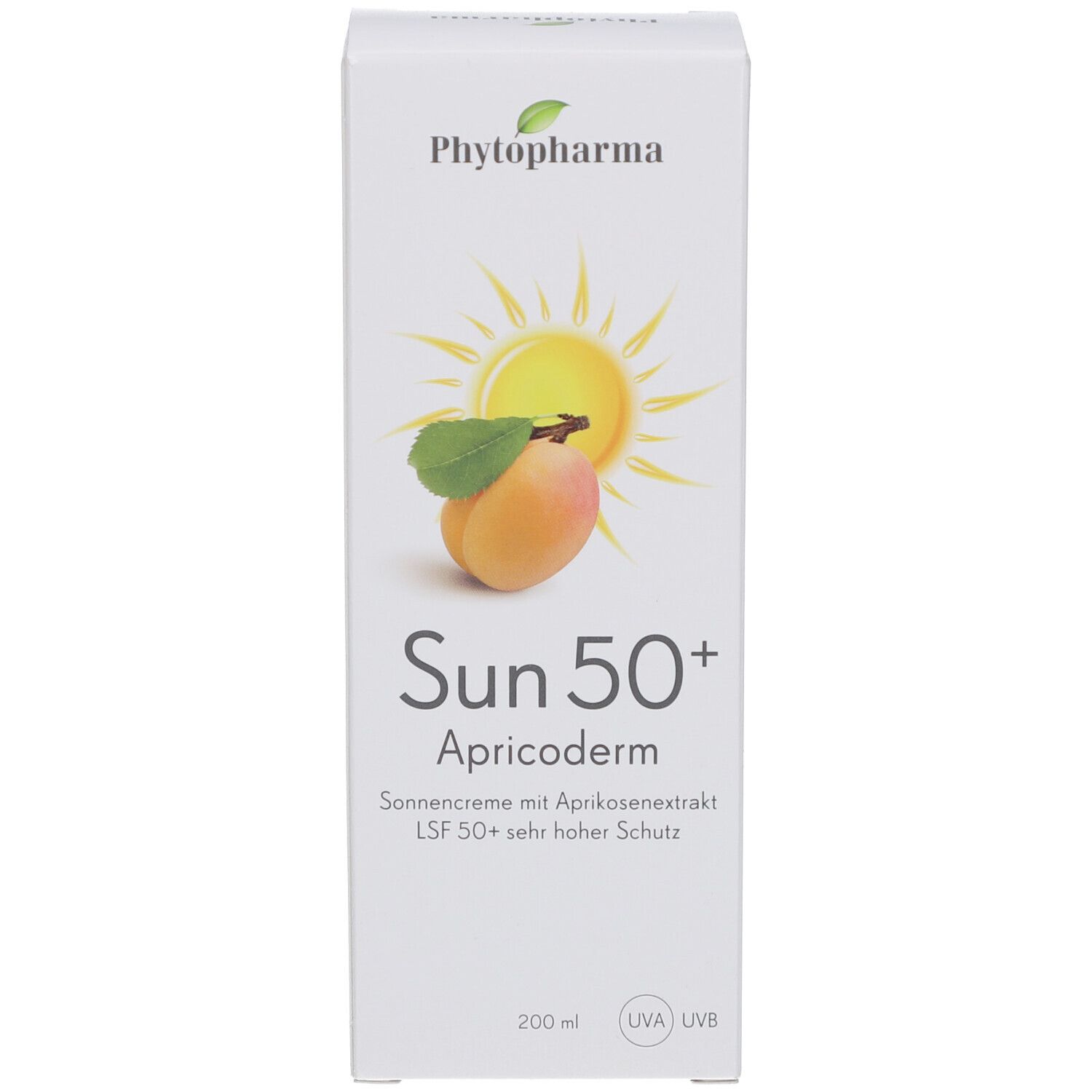 Witte kartonnen verpakking. Opdruk: merk, zonmotief, abrikoos, productnaam, SPF 50+, 200 ml. UVA/UVB-logo.