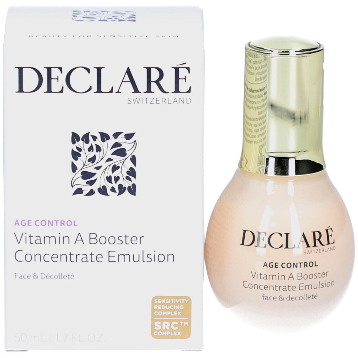 Produit et emballage. Inscription : DECLARÉ, AGE CONTROL, Vitamin A Booster, Concentrate Emulsion, Face & Décolleté.