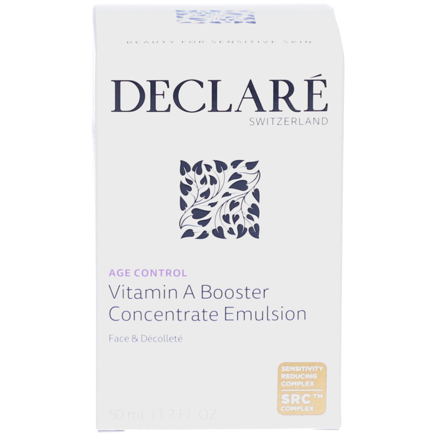 Emballage. Inscription : DECLARÉ, AGE CONTROL, Vitamin A Booster, Concentrate Emulsion, Face & Décolleté. 50 ml.