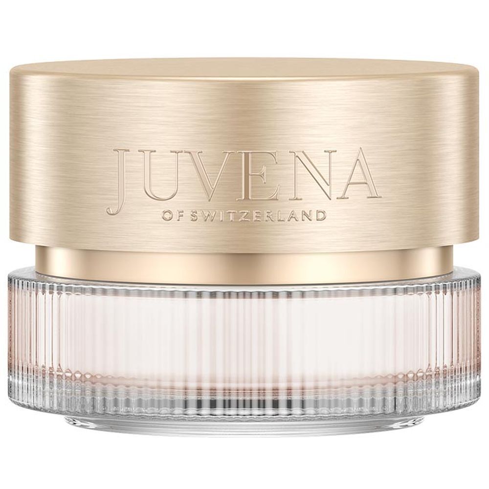 Crèmepot met goudkleurig deksel. Opschrift: JUVENA OF SWITZERLAND. De pot is van glas met een geribbelde structuur.