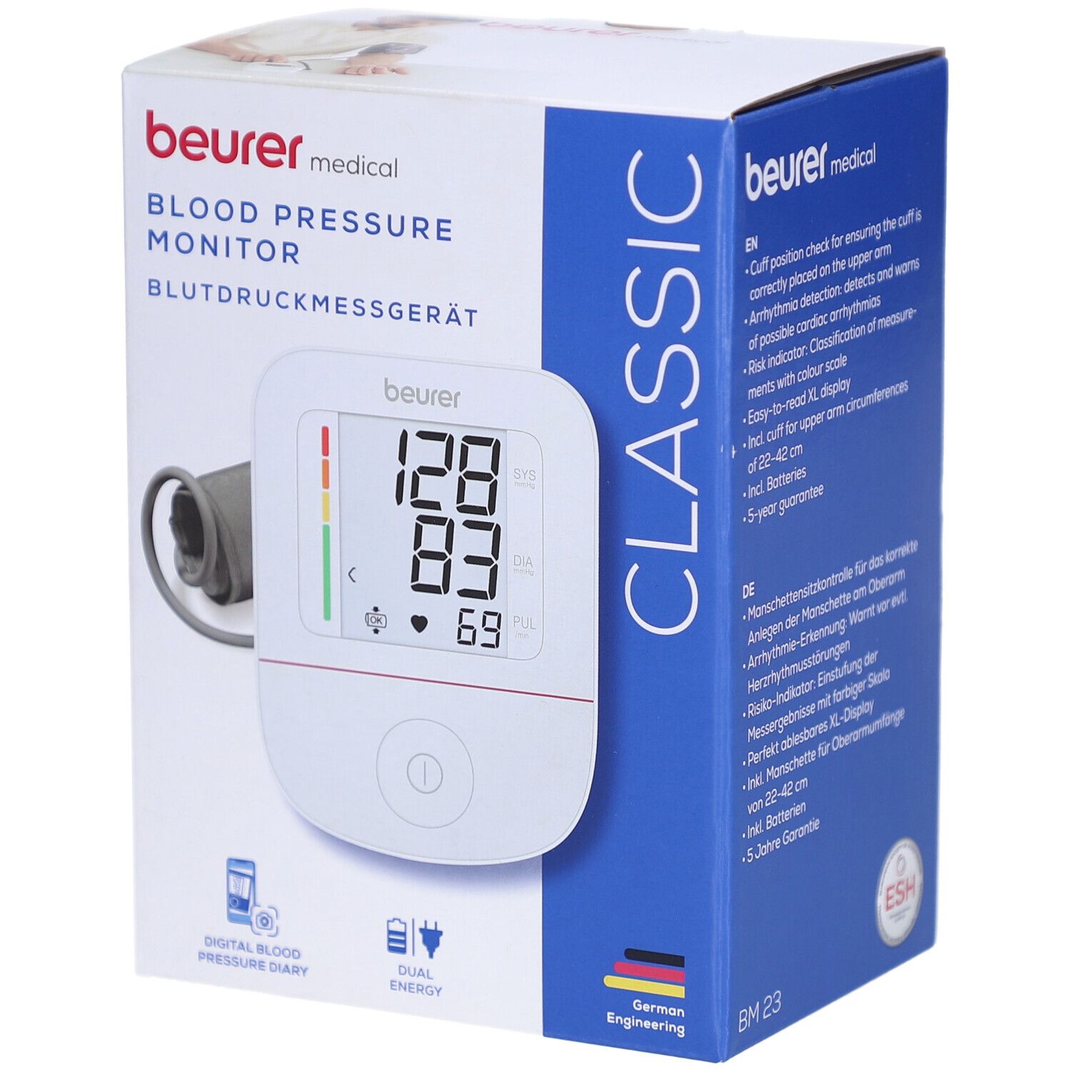 Bloeddrukmeter in verpakking. Digitaal display, manchet, ESH-certificering. Beurer-logo en productnaam.