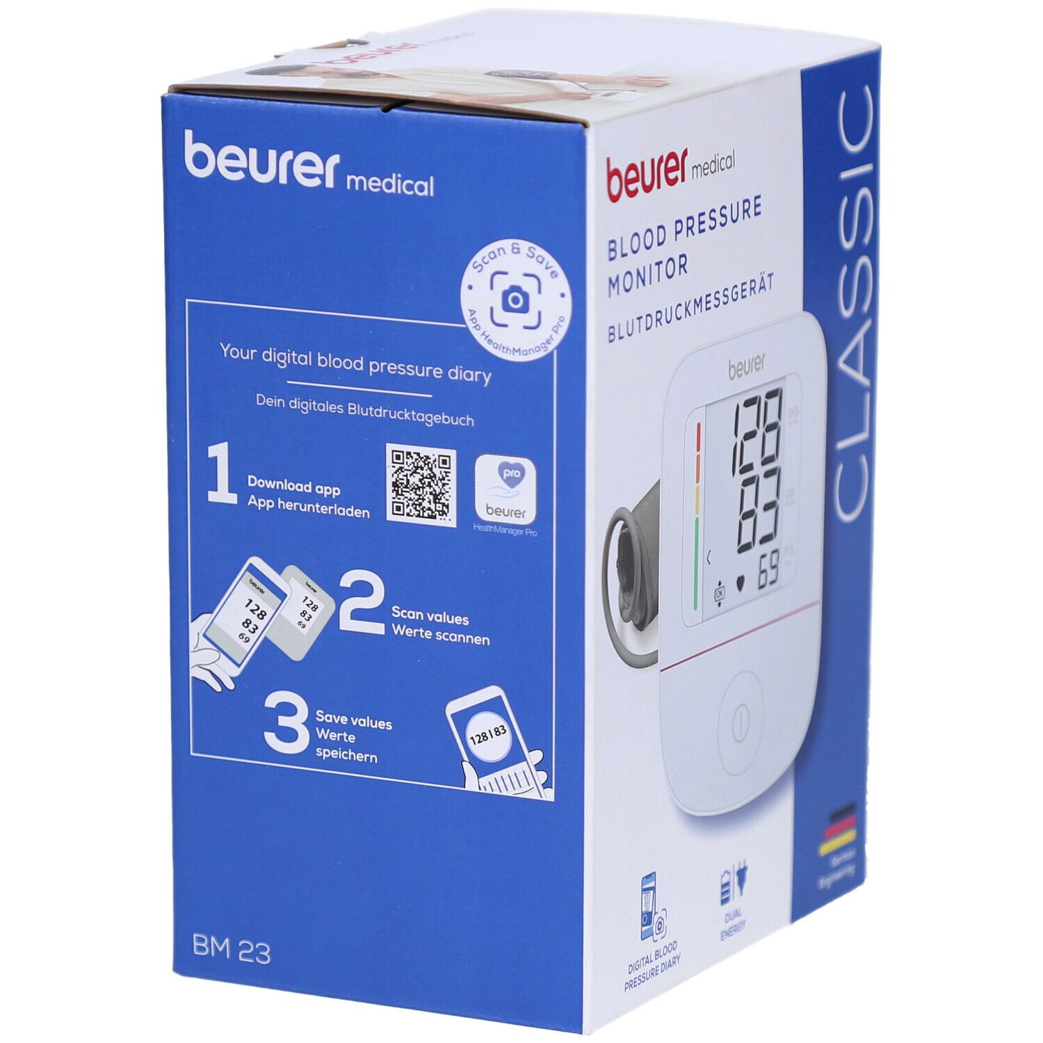 Verpakking met bloeddrukmeter. QR-code, app-downloadinstructies, scan- en opslagfuncties. Beurer-logo.