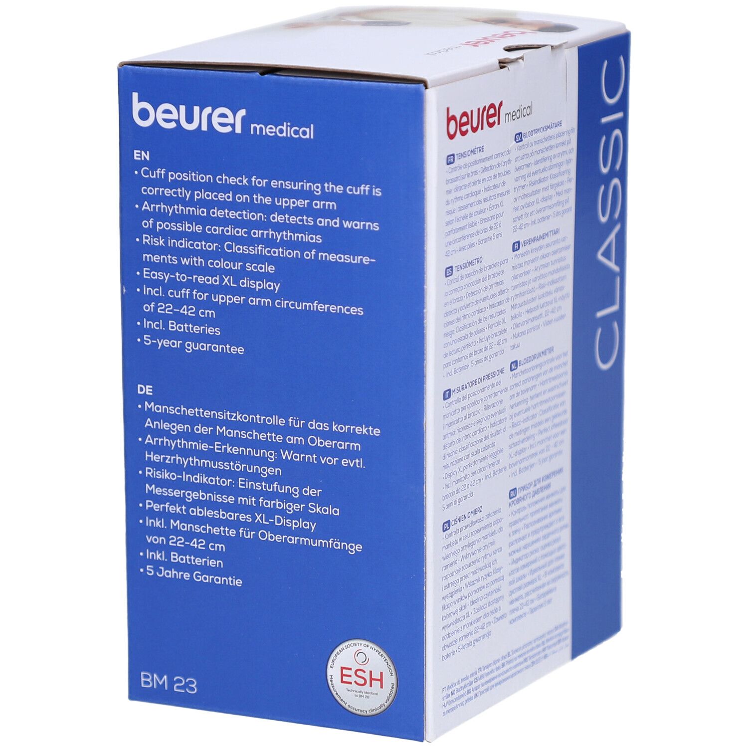 Achterkant van de verpakking met productkenmerken in het Engels en Duits. ESH-certificering, 5 jaar garantie. Beurer-logo.