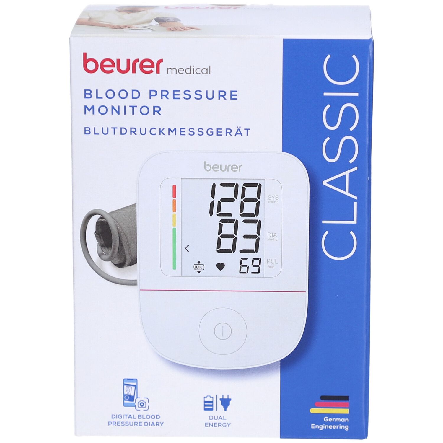 Bloeddrukmeter in verpakking. Digitaal display met meetwaarden. Beurer-logo, ESH-certificering.