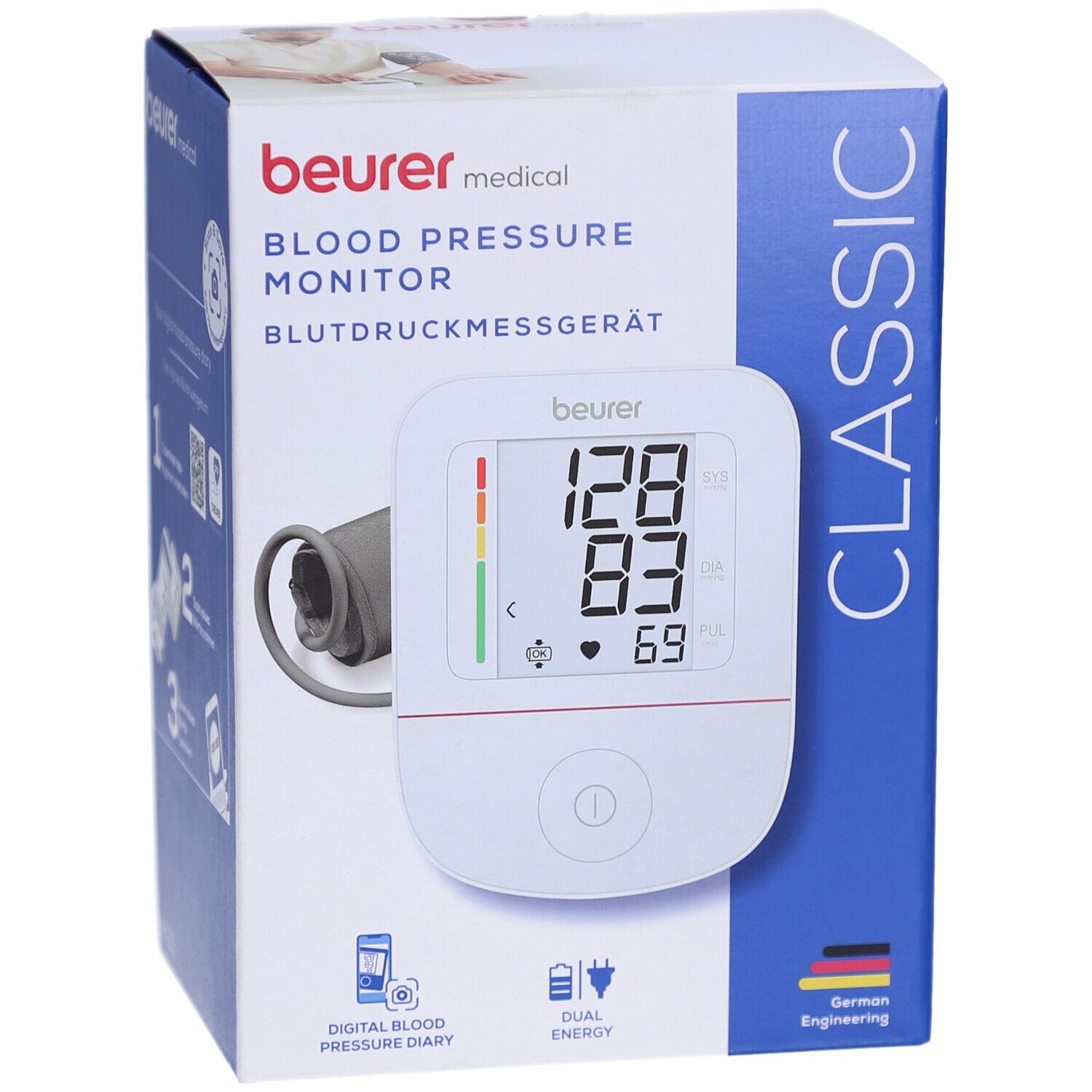 Bloeddrukmeter in verpakking. Digitaal display met meetwaarden. Beurer-logo, ESH-certificering.