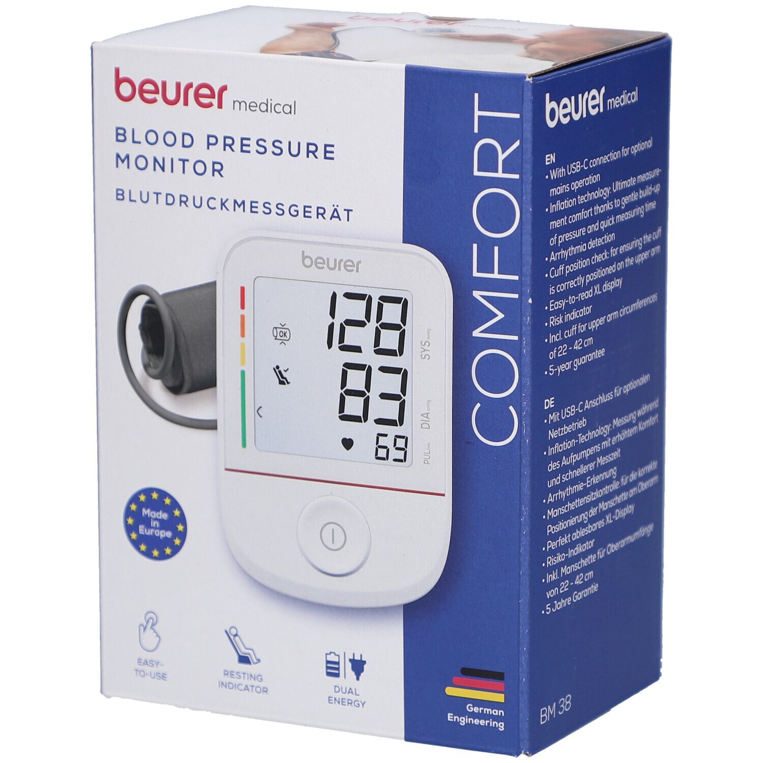 Bloeddrukmeter in verpakking. Weergave: 128/83/69. Merk: beurer medical. Met manchet en display. Made in Europe.