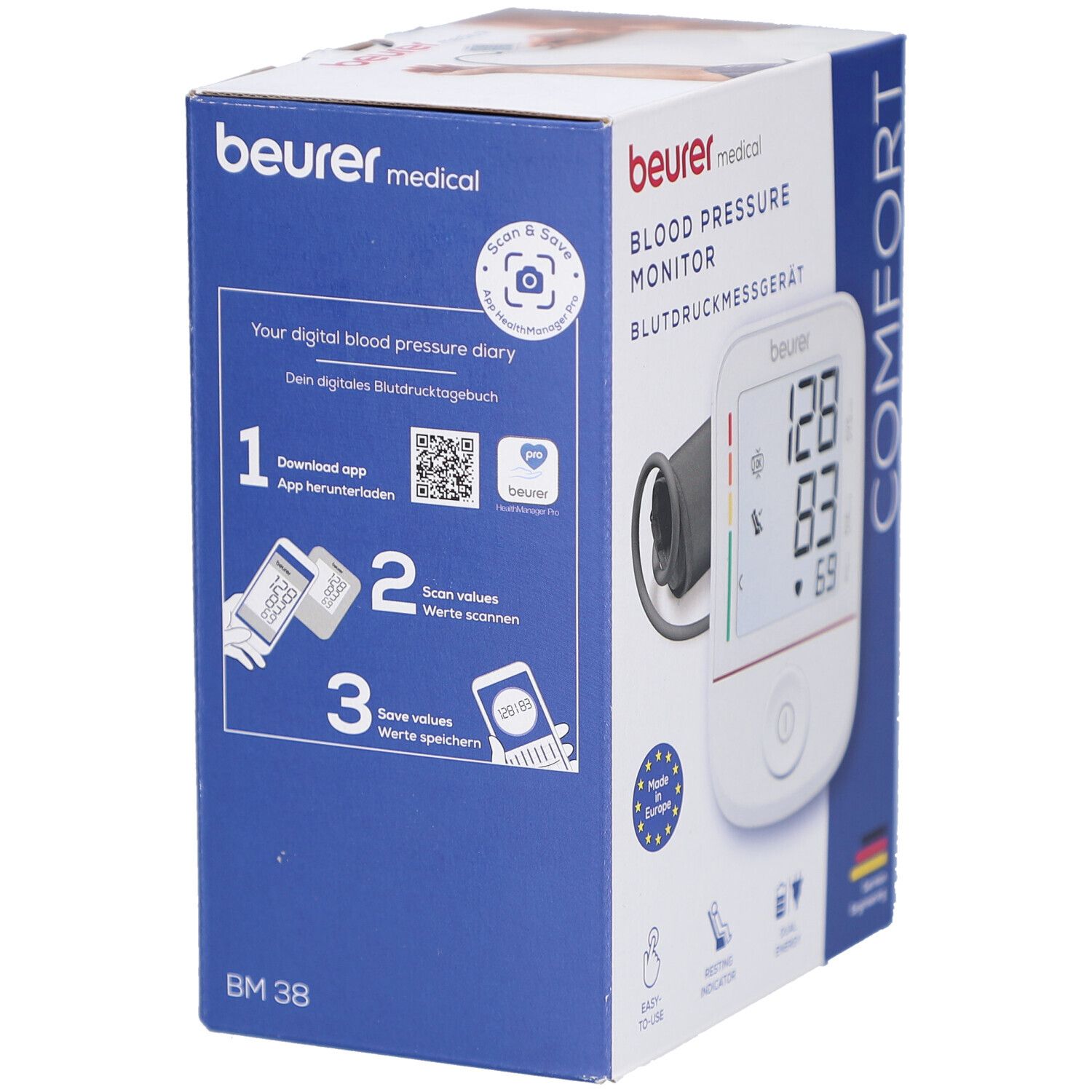 Verpakking van de bloeddrukmeter. Toont app download en scanfunctie. Merk: beurer medical. Model: BM 38.