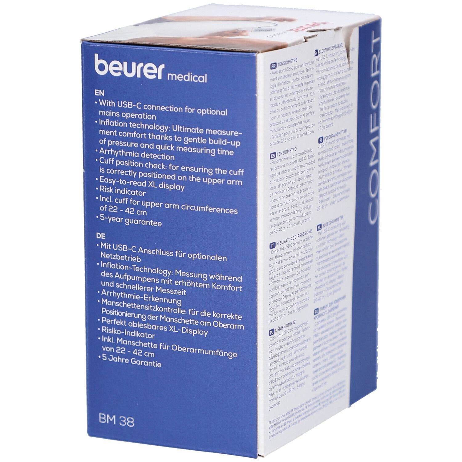 Zijkant van de verpakking van de bloeddrukmeter. Tekst in het Engels en Duits. Model: BM 38. Merk: beurer medical.