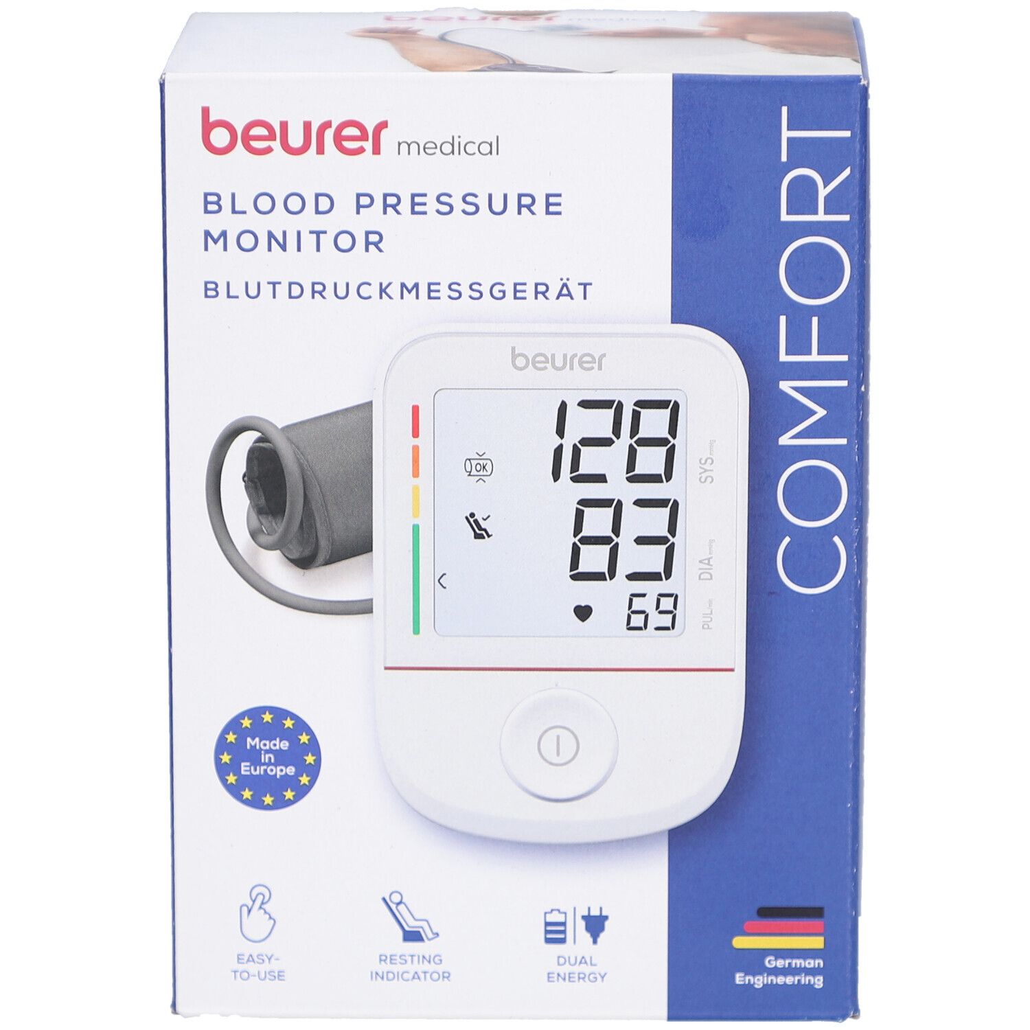 Bloeddrukmeter in verpakking. Weergave: 128/83/69. Merk: beurer medical. Met manchet en display. Made in Europe.