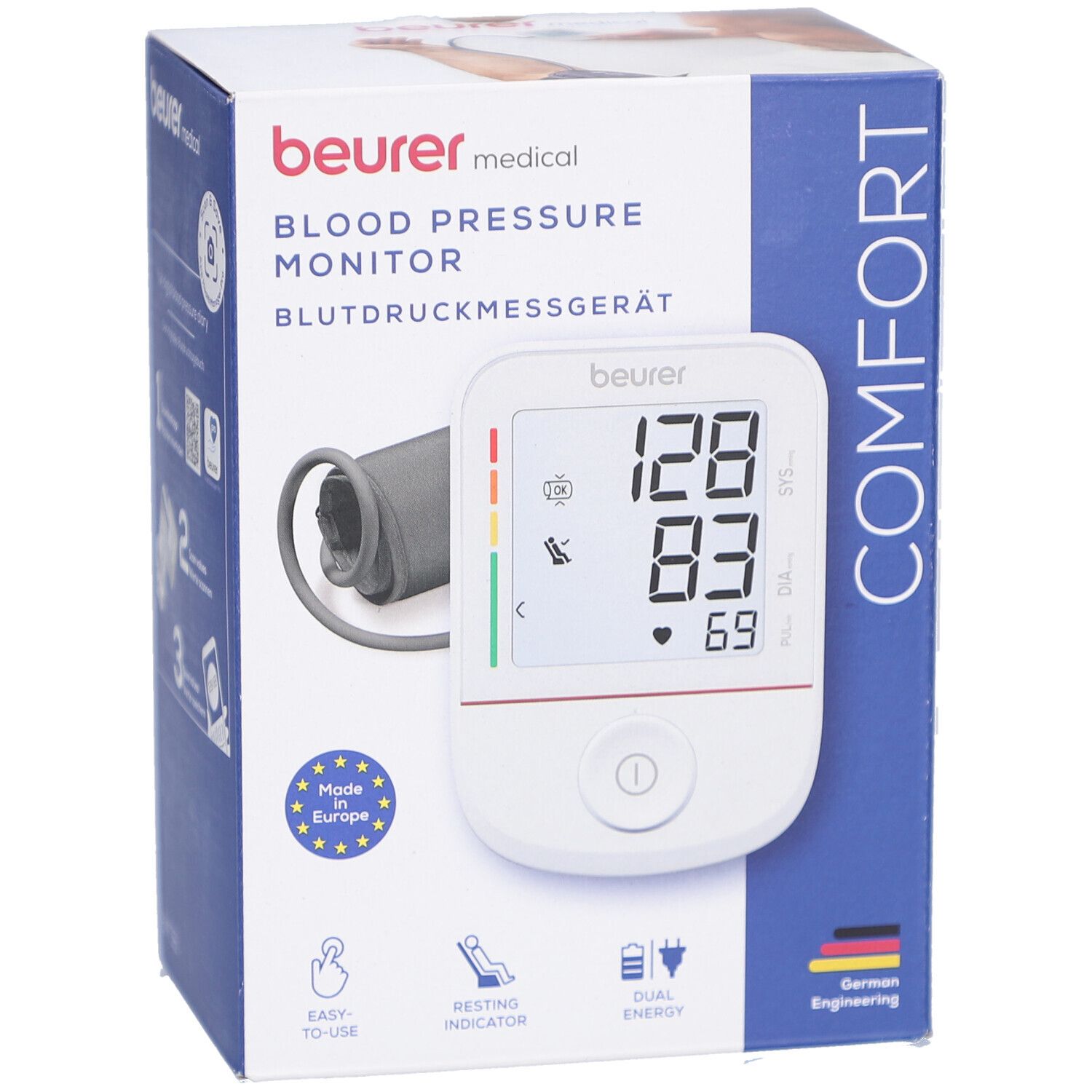 Bloeddrukmeter in verpakking. Weergave: 128/83/69. Merk: beurer medical. Met manchet en display. Hartsymbool.