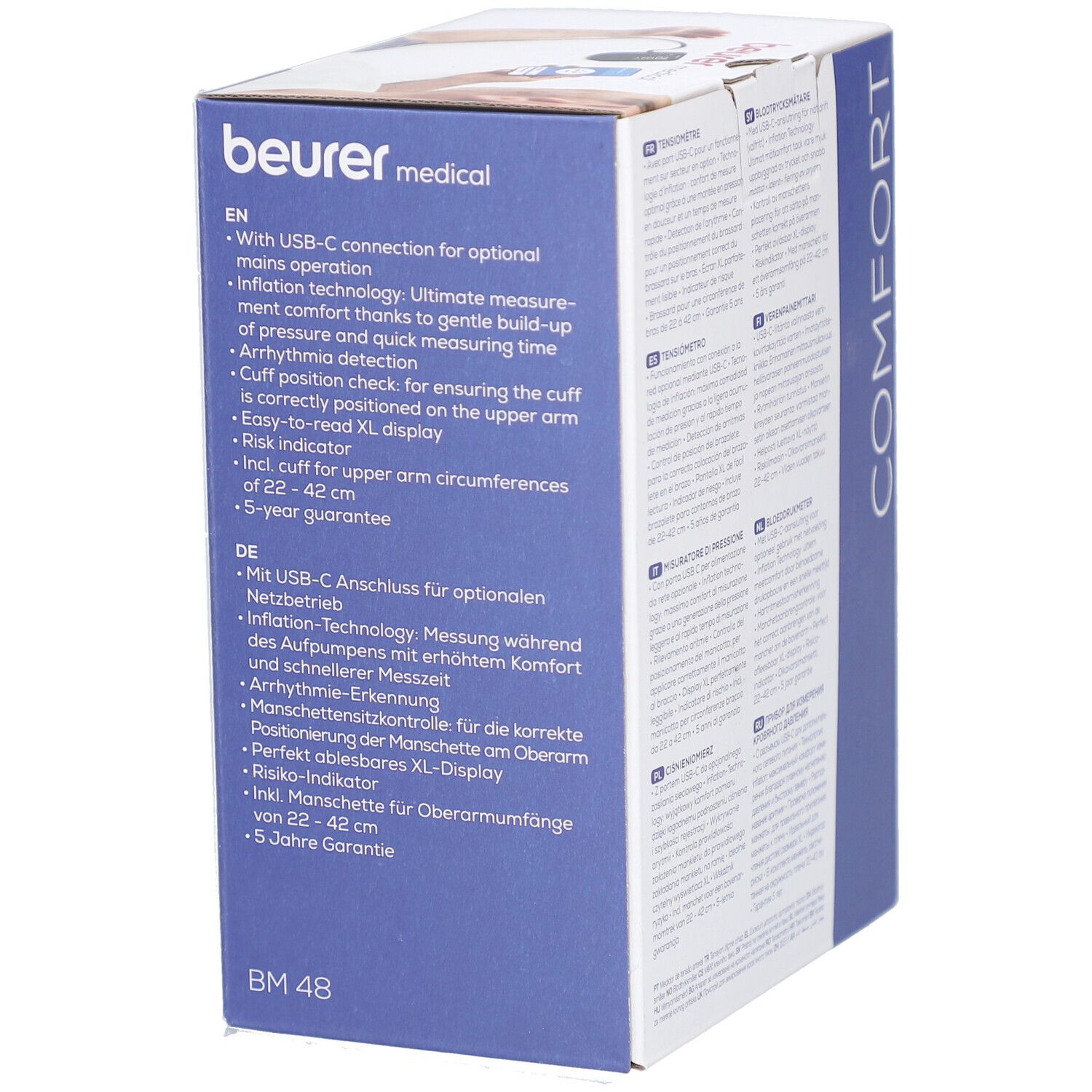 Côté de l'emballage. Texte en anglais et en allemand. Inscription : connexion USB-C, brassard, garantie 5 ans. Marque : beurer medical, BM 48.