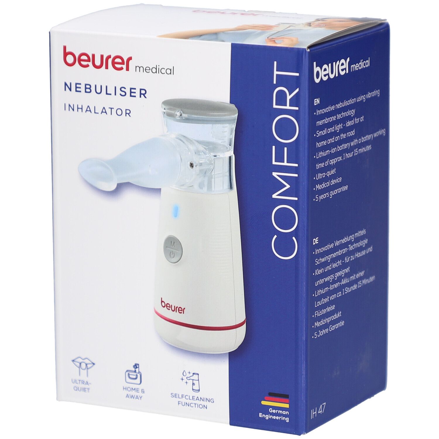 Nébuliseur Beurer IH 47 en boîte. Appareil blanc avec embout buccal, lumière bleue et anneau rouge. Boîte avec nom et logos.