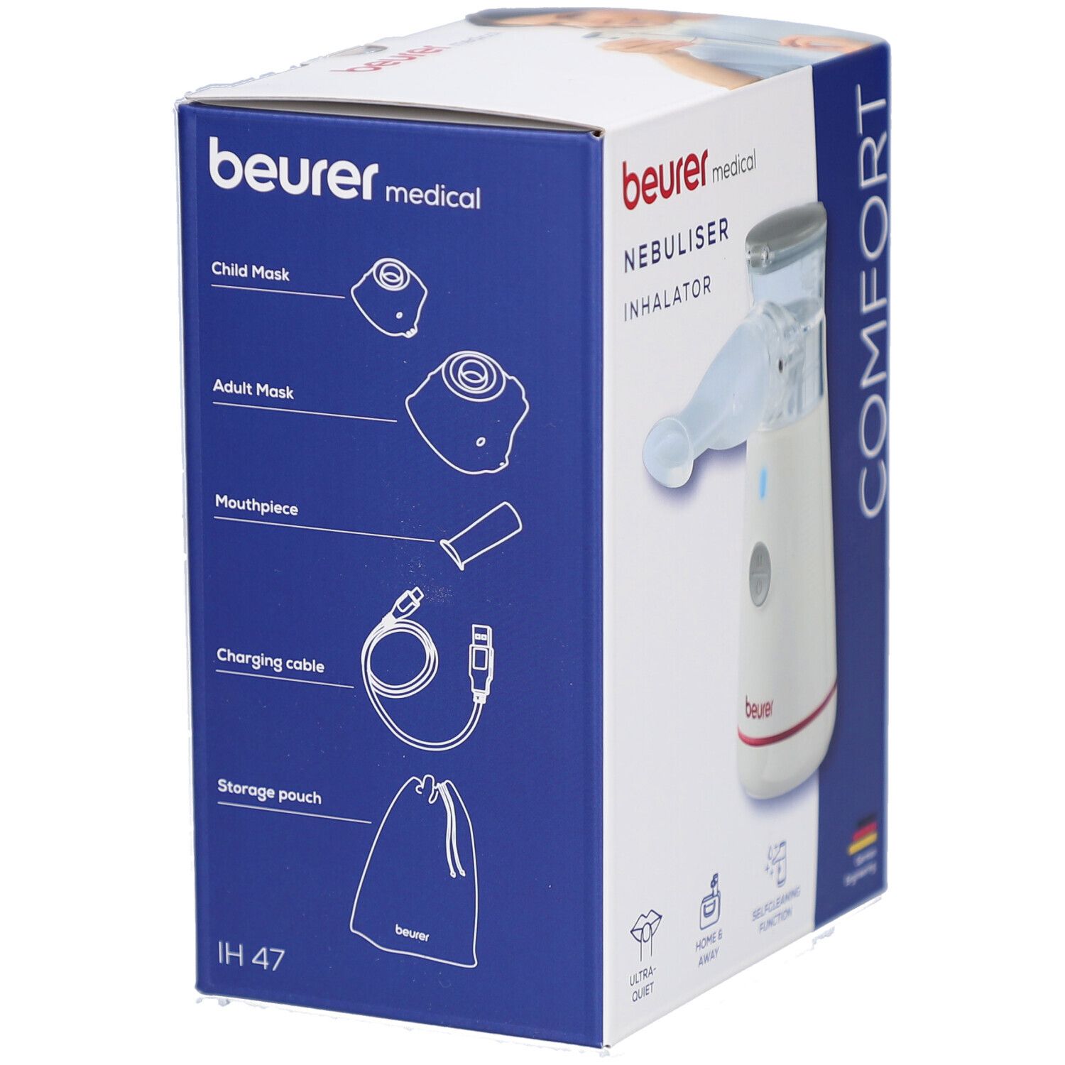 Emballage du nébuliseur Beurer IH 47. Montre les accessoires : masque enfant, masque adulte, embout buccal, câble de charge et pochette.