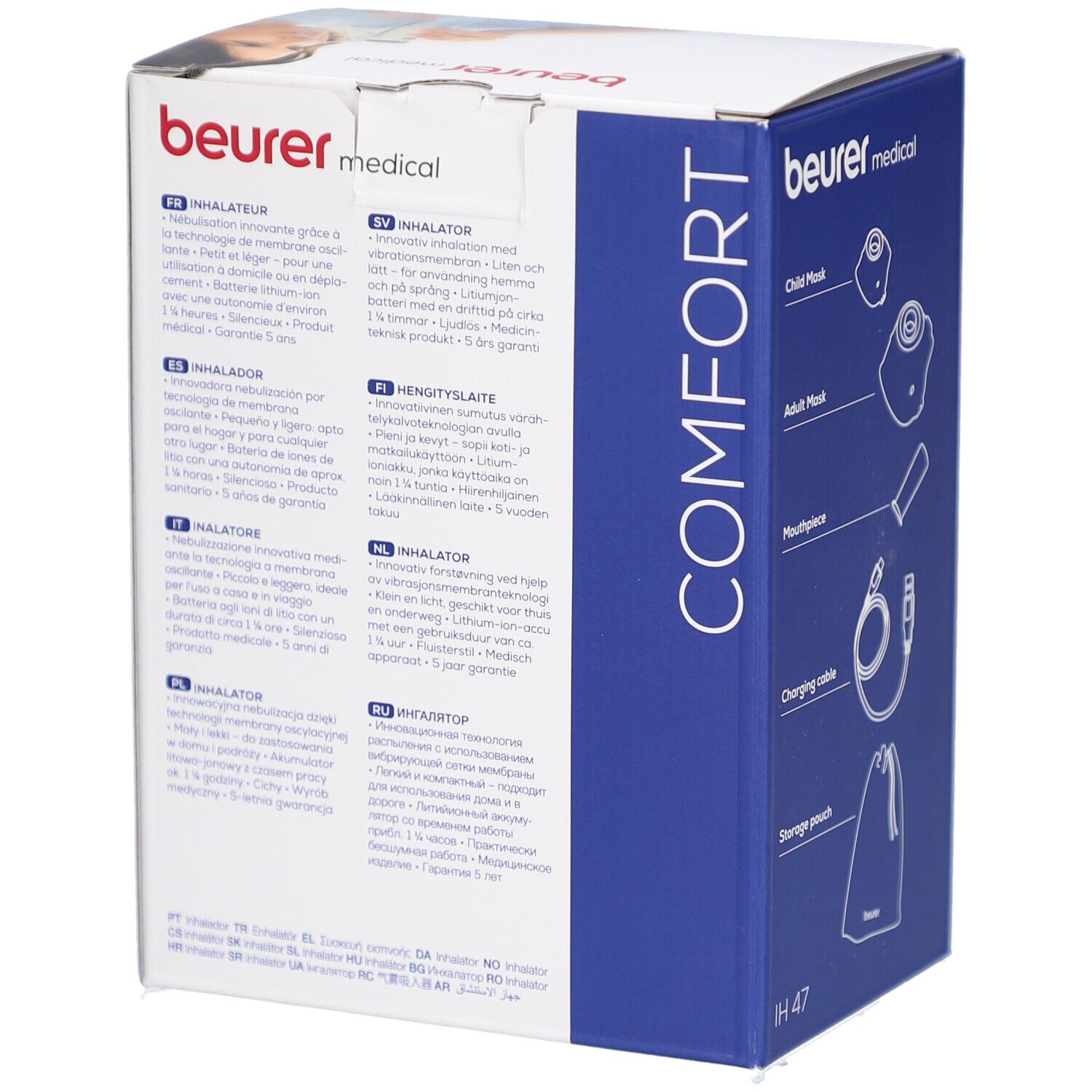 Dos de l'emballage Beurer IH 47. Informations produit multilingues. Contient des logos et du texte en plusieurs langues.