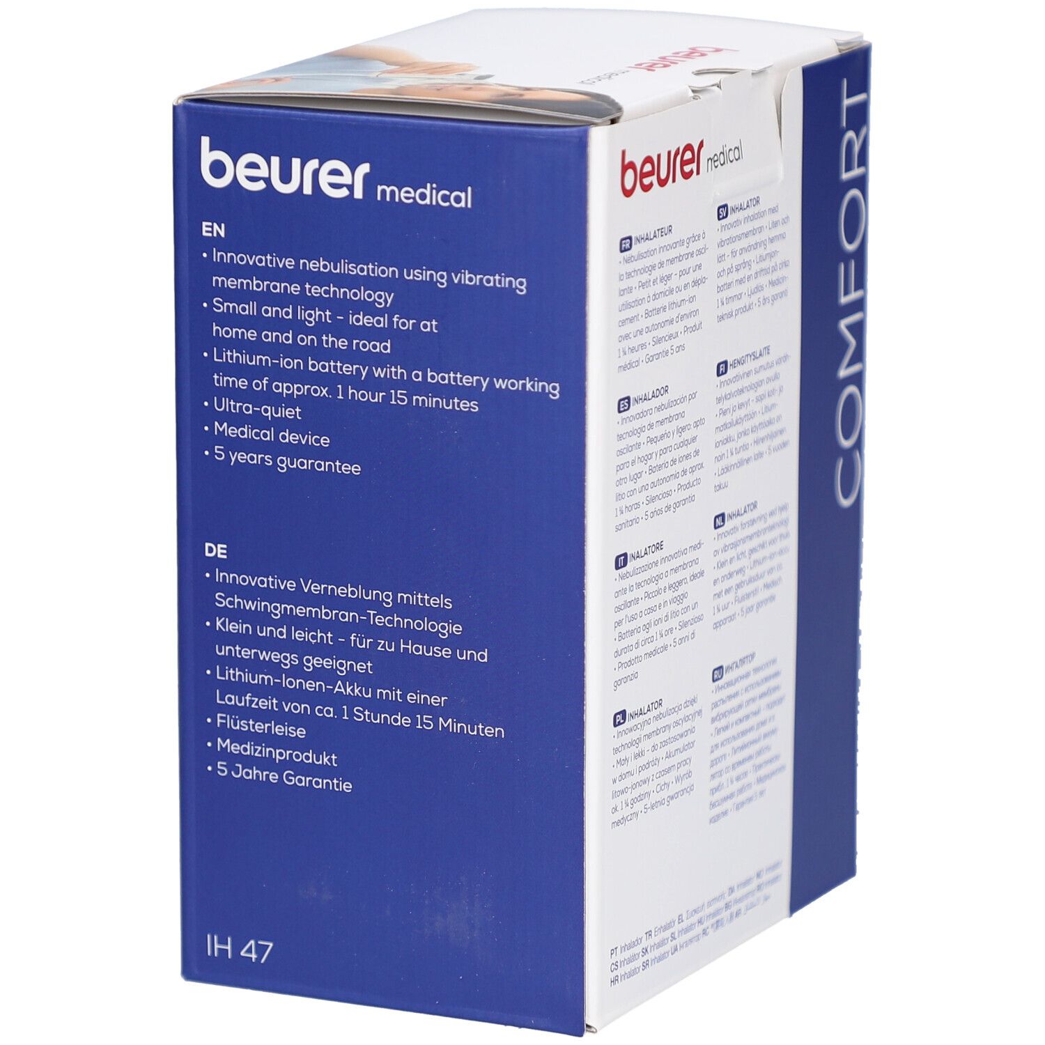 Emballage Beurer IH 47. Contient les caractéristiques du produit en anglais et en allemand. Affiche les logos et le nom du produit.