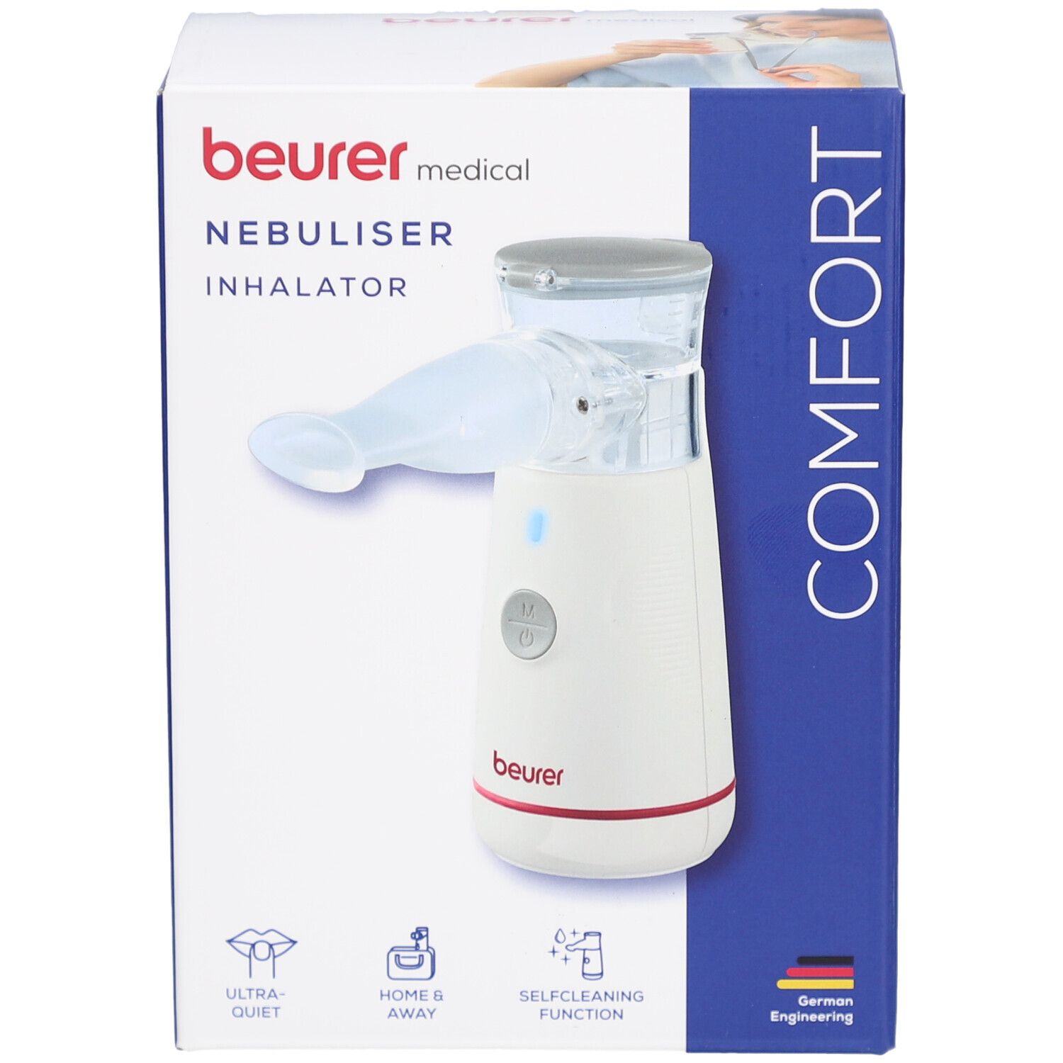 Nébuliseur Beurer IH 47 en boîte. Appareil blanc avec embout buccal, lumière bleue et anneau rouge. Boîte avec nom et logos.