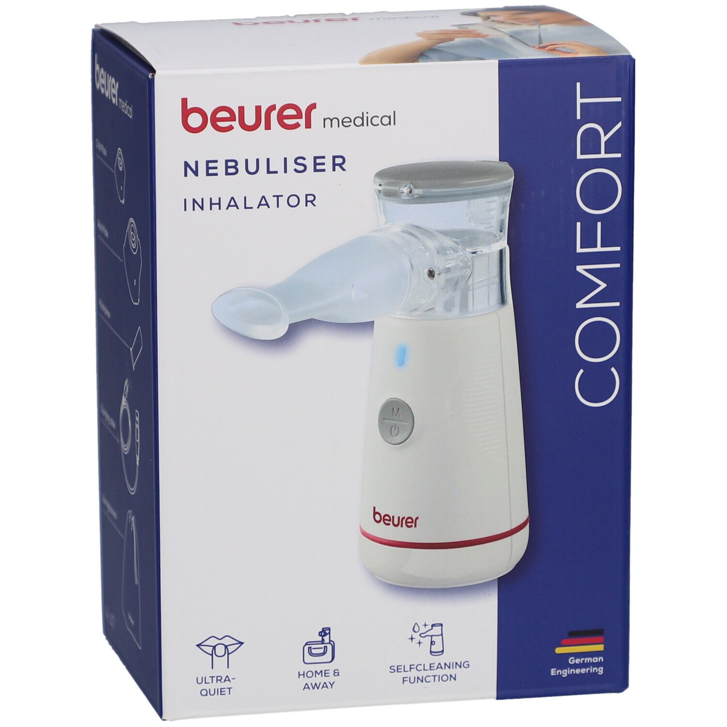 Nébuliseur Beurer IH 47 en boîte. Appareil blanc avec embout buccal, lumière bleue et anneau rouge. Boîte avec nom et logos.