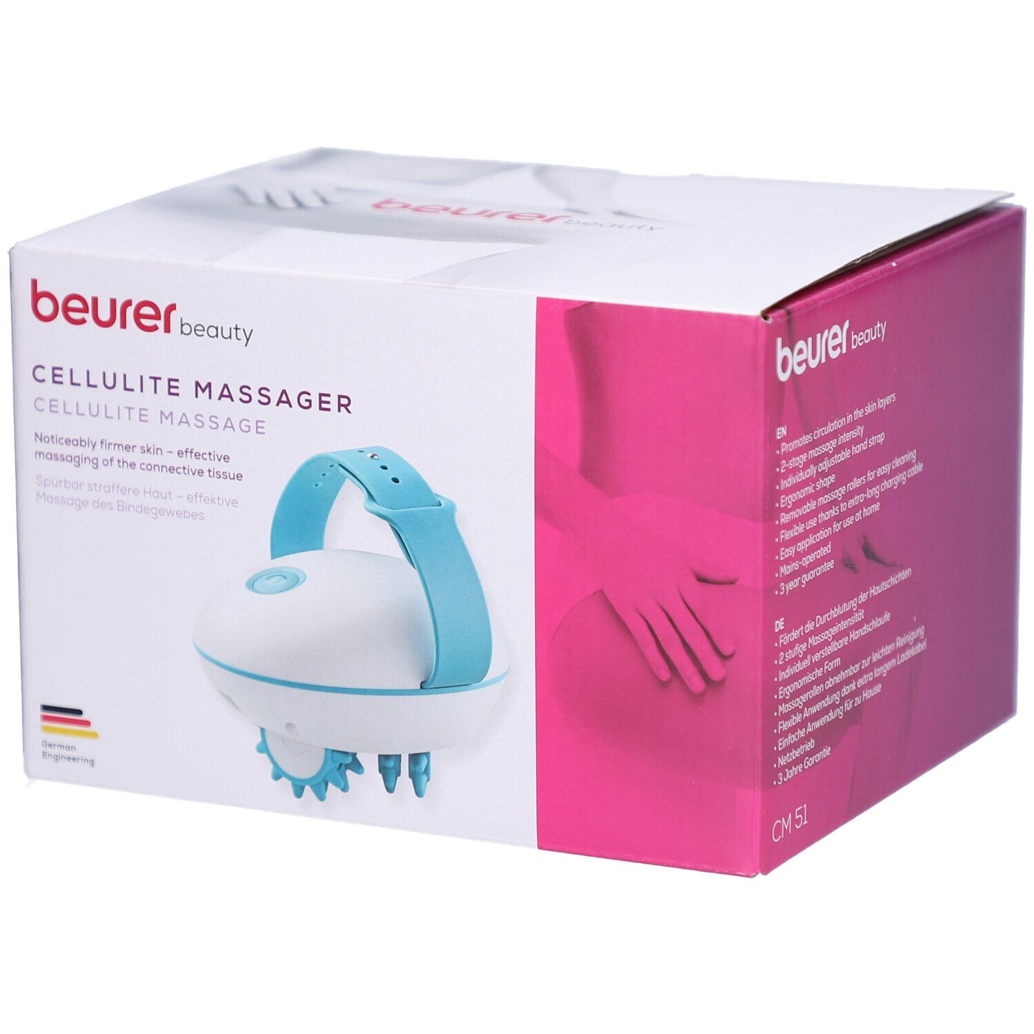 Emballage du masseur anti-cellulite CM 51. Masseur blanc et bleu avec poignée. Logo Beurer et nom du produit sur l'emballage.