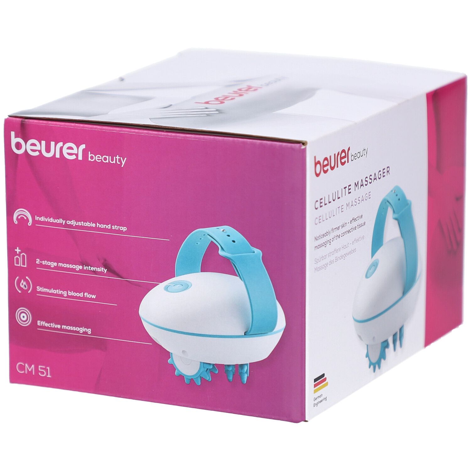 Emballage du masseur anti-cellulite CM 51. Masseur blanc et bleu avec poignée. Logo Beurer et caractéristiques du produit sur l'emballage.