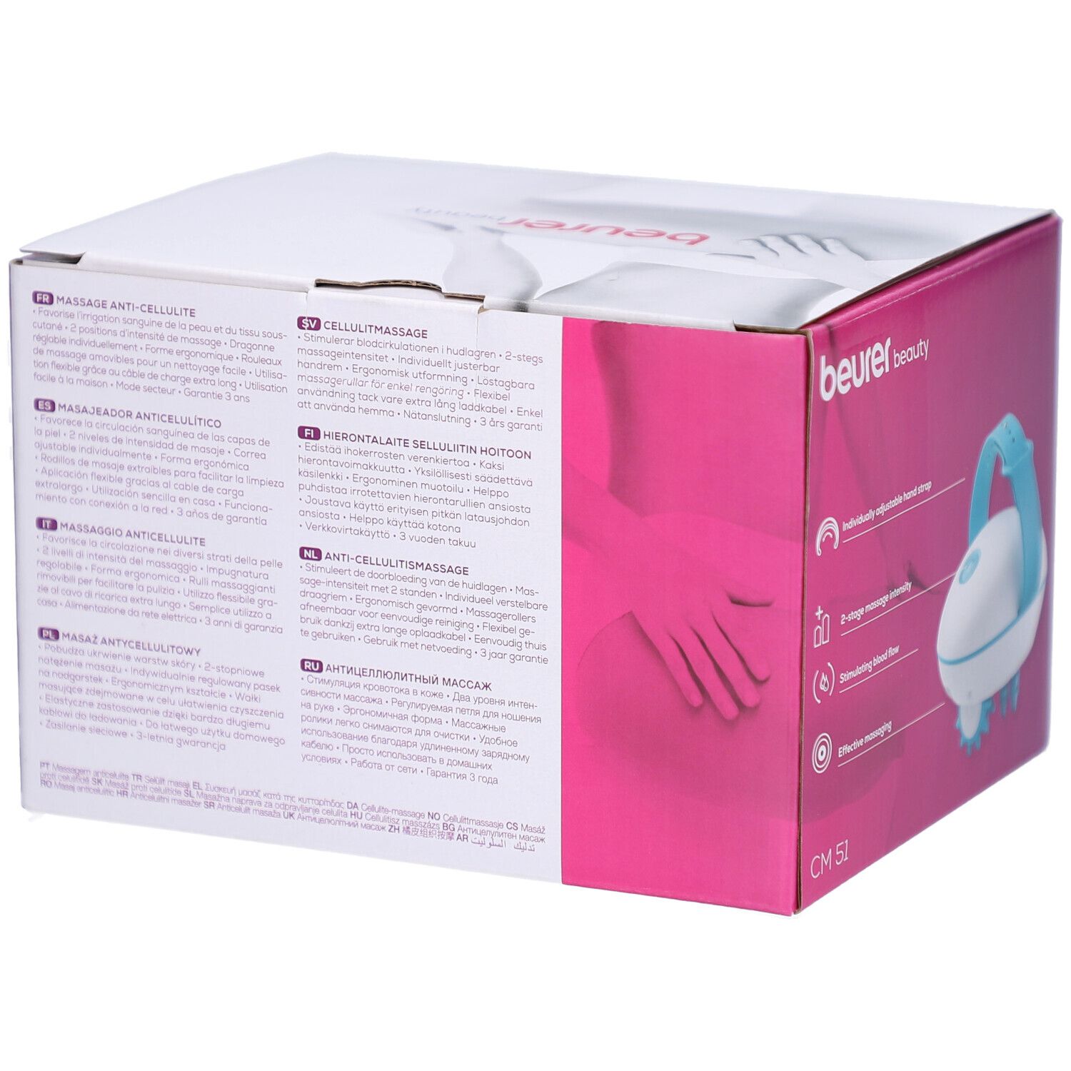 Dos de l'emballage du masseur anti-cellulite CM 51. Informations multilingues sur le produit et logo Beurer.