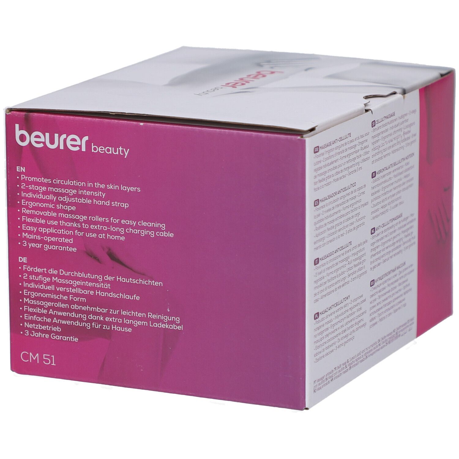 Emballage du masseur anti-cellulite CM 51. Caractéristiques du produit en anglais et en allemand. Logo Beurer et CM 51.