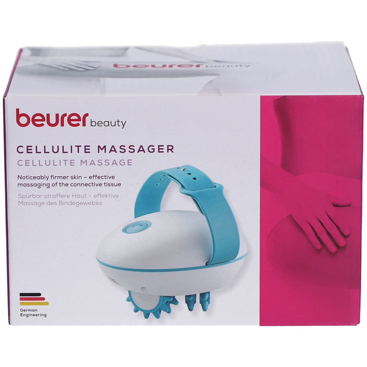 Masseur anti-cellulite CM 51 dans son emballage. Appareil blanc et bleu avec poignée et têtes de massage. Logo Beurer.