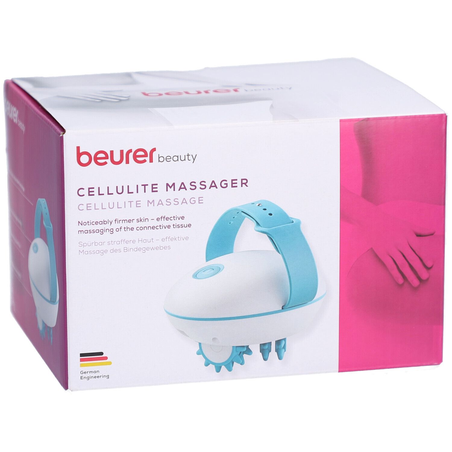 Masseur anti-cellulite CM 51 dans son emballage. Appareil blanc et bleu avec poignée et têtes de massage. Logo Beurer.