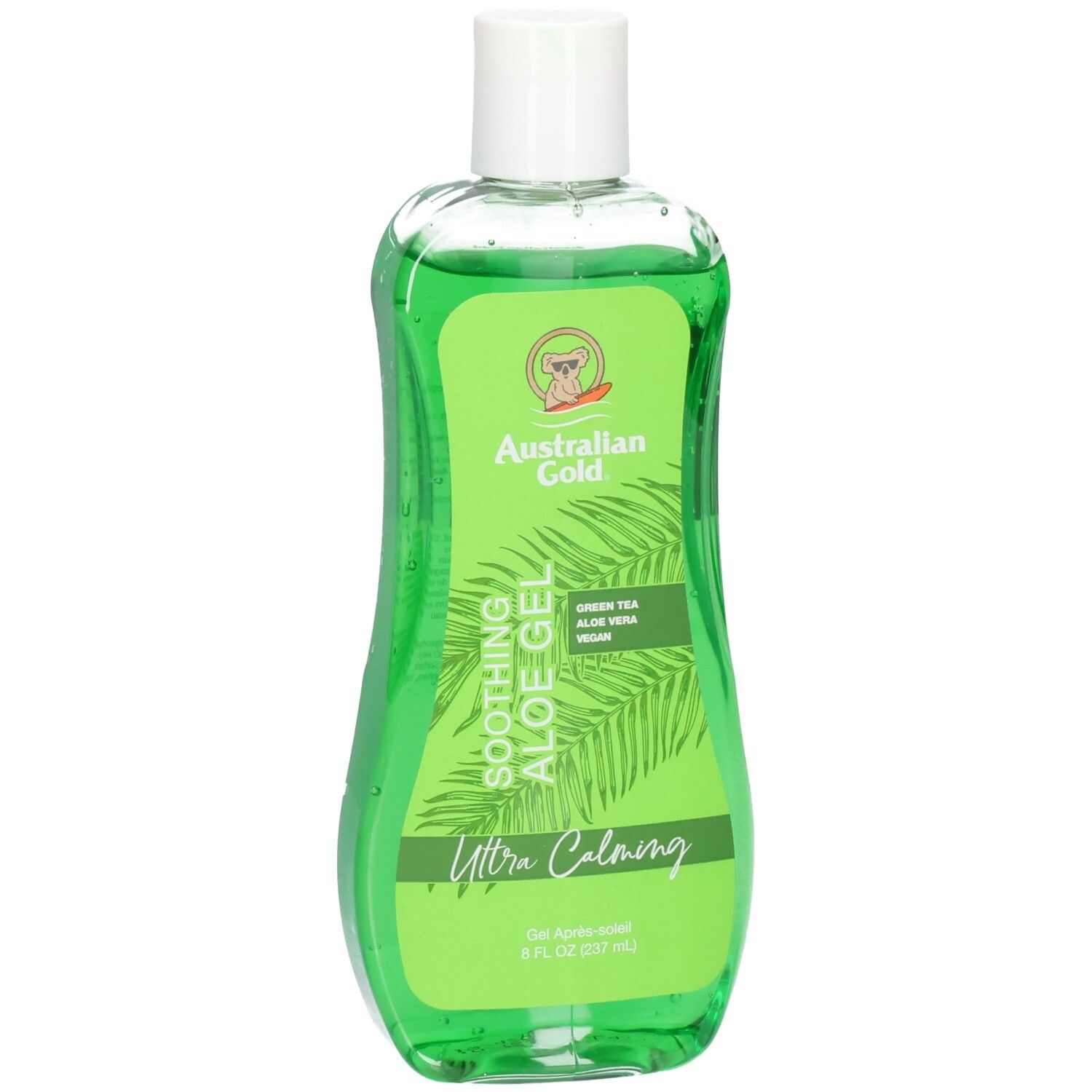Groene fles Australian Gold Soothing Aloe After Sun Gel met witte dop. Bevat aloë vera en groene thee.