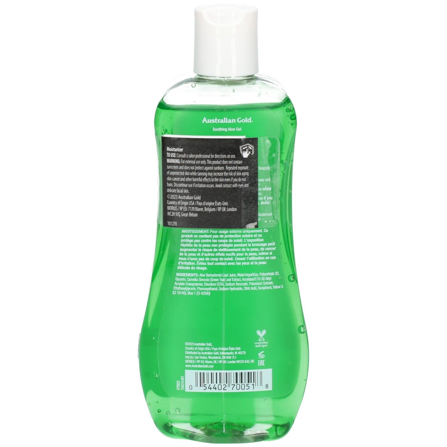 Achterkant van een groene fles Australian Gold Soothing Aloe After Sun Gel met witte informatie.