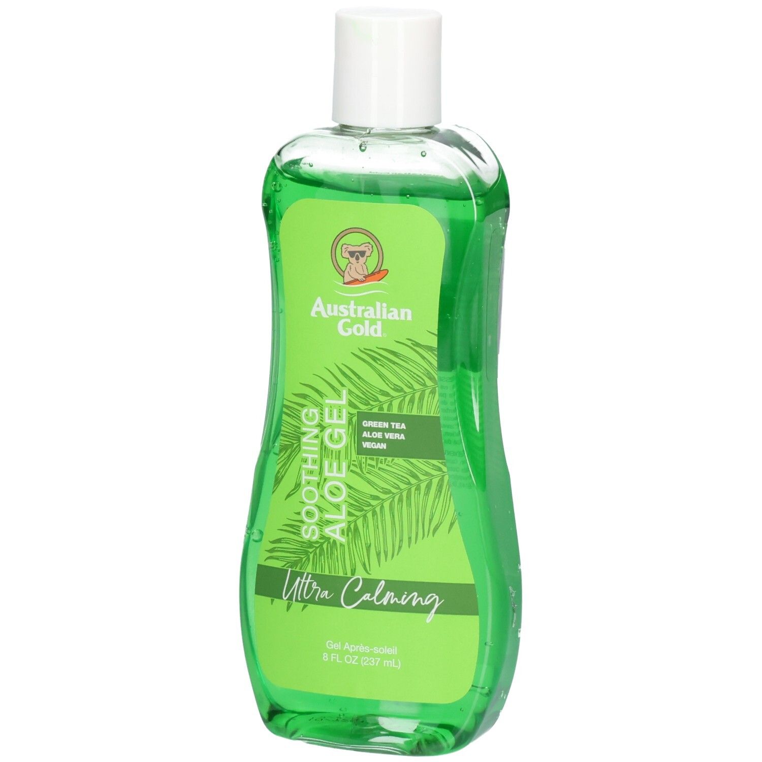 Groene fles Australian Gold Soothing Aloe After Sun Gel met witte dop. Bevat aloë vera en groene thee.