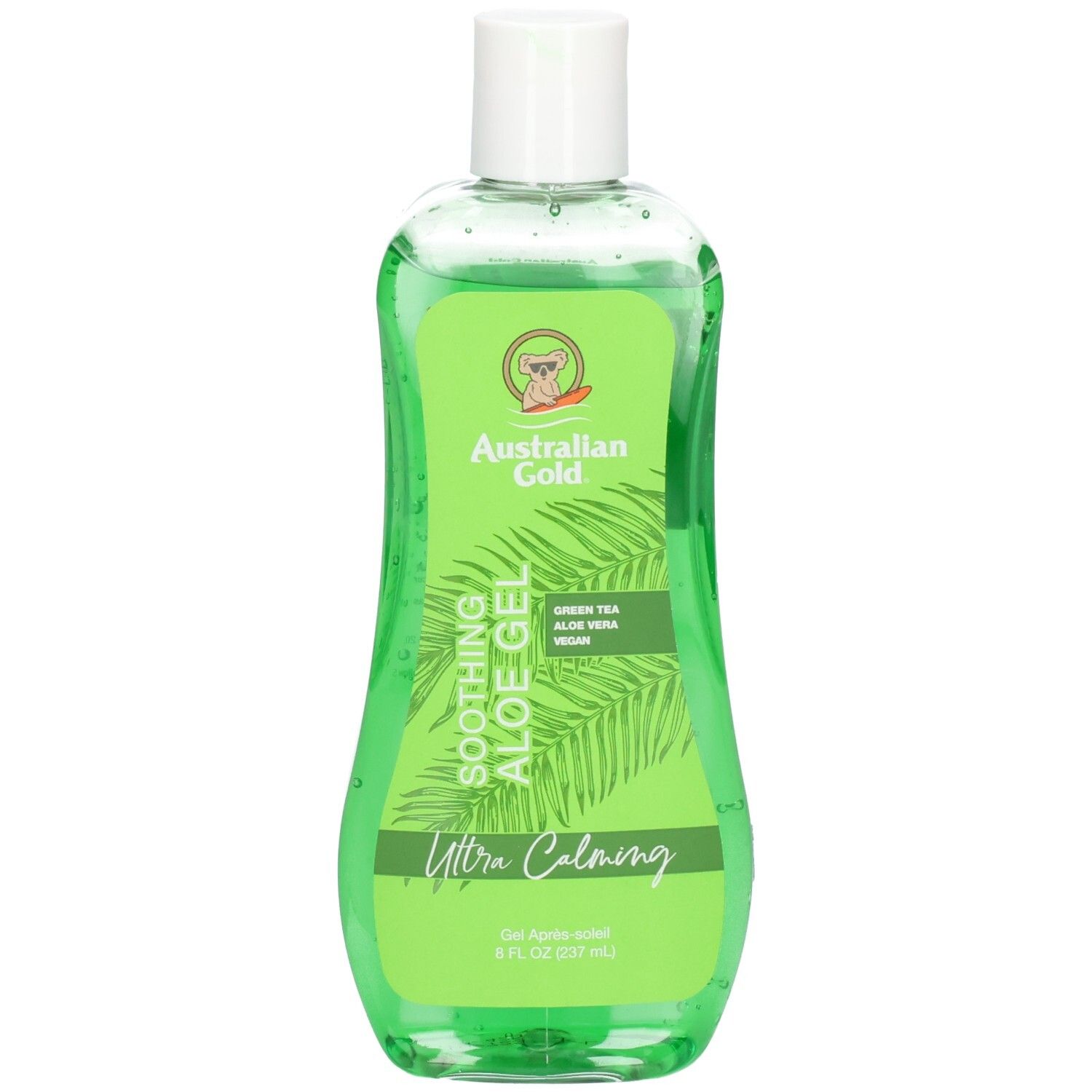 Groene fles Australian Gold Soothing Aloe After Sun Gel met witte dop. Bevat aloë vera en groene thee.