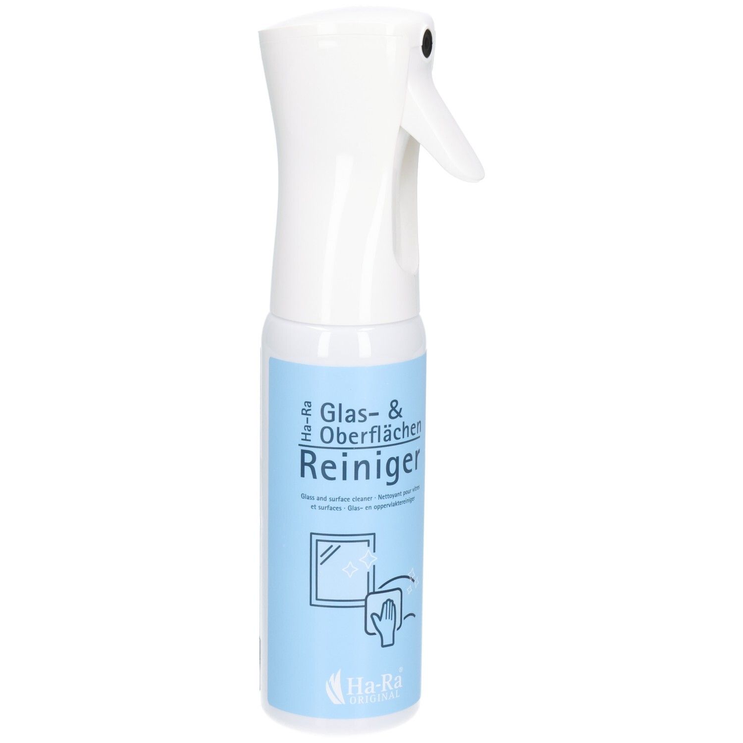 Witte spuitfles met blauw etiket. Opschrift: Glas- & Oberflächen Reiniger. Logo: Ha-Ra. Illustratie: raam en hand.