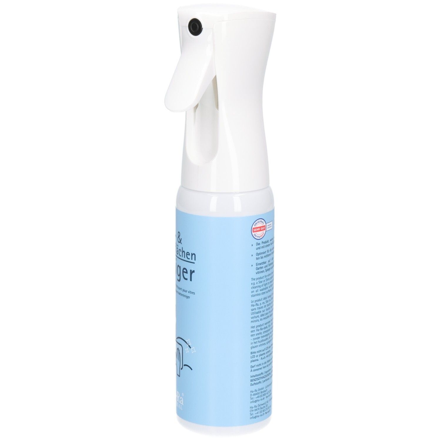 Witte spuitfles met blauw etiket. Tekst op het etiket. Zijaanzicht.