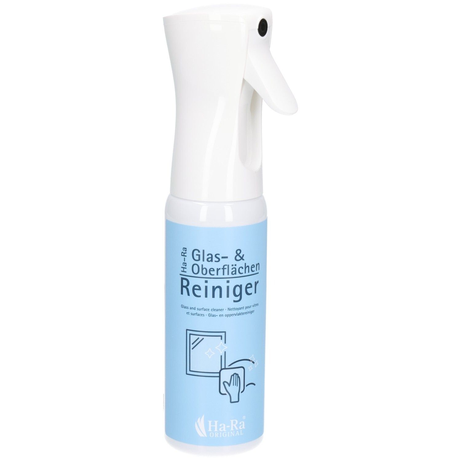 Witte spuitfles met blauw etiket. Opschrift: Glas- & Oberflächen Reiniger. Logo: Ha-Ra. Illustratie: raam en hand.