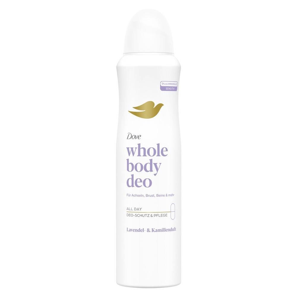 Witte aerosol deodorant met sproeikop. Dove-logo en productnaam. Tekst: Lavendel & Kamille.