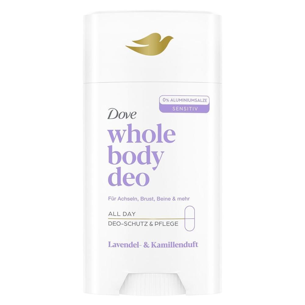 Stick déodorant Dove Whole Body, 0% sels d'aluminium, Sensitif, parfum lavande & camomille.