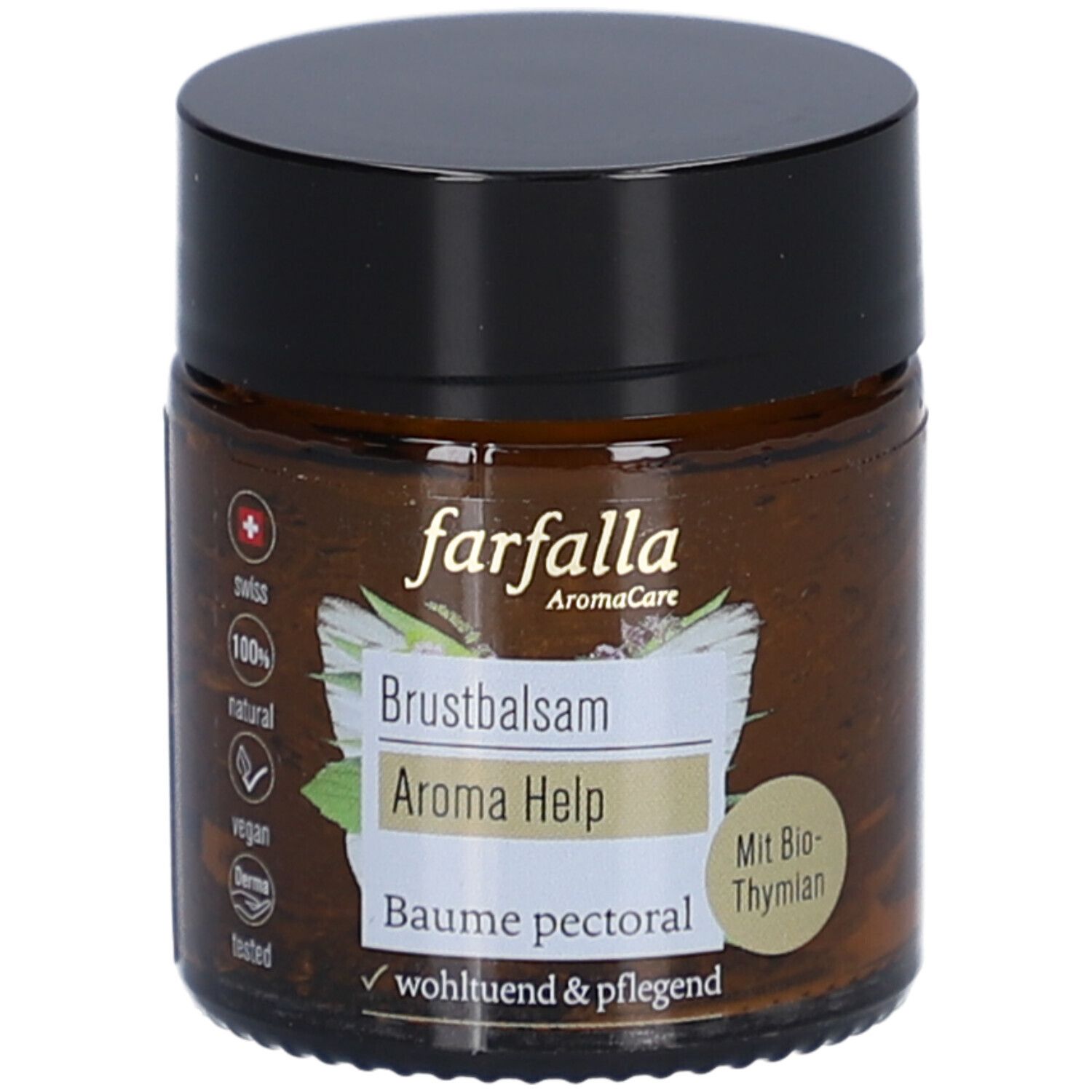 Pot en verre brun avec couvercle noir. Étiquette avec texte: Brustbalsam Aroma Help, Baume pectoral. Logos: Swiss, 100% naturel, vegan, Derma tested.
