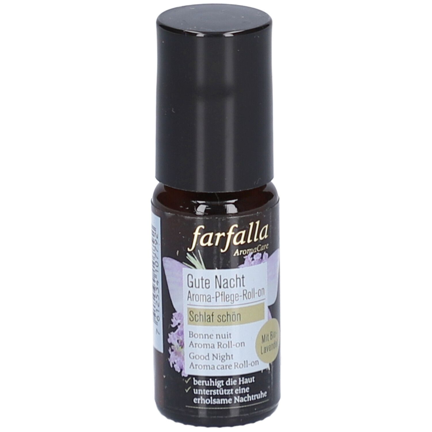 Flacon en verre brun avec bouchon noir. Inscription: Farfalla Aroma-Pflege-Roll-On Gute Nacht. Avec lavande.