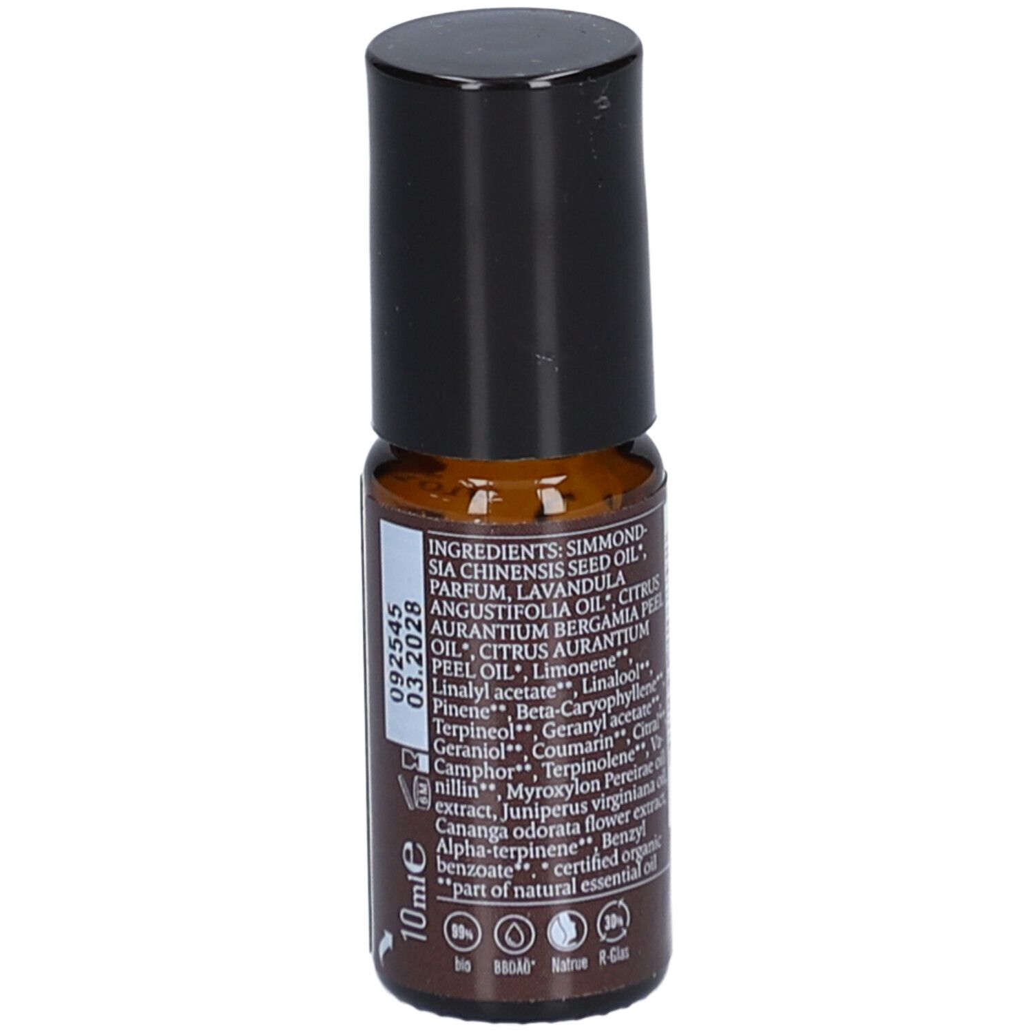 Flacon en verre brun avec bouchon noir. Étiquette avec ingrédients, numéro de lot et date de péremption. 10ml.