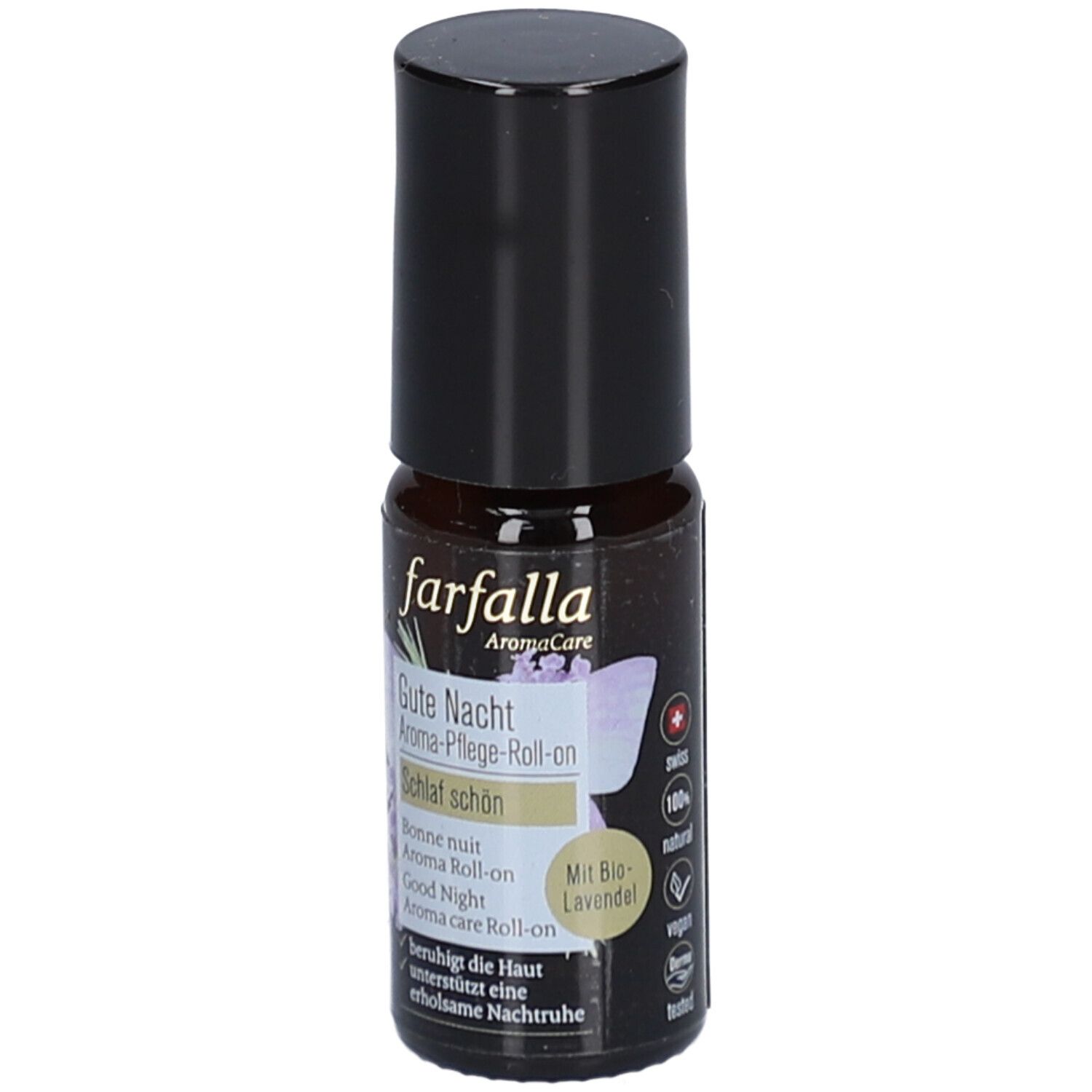 Flacon en verre brun avec bouchon noir. Inscription: Farfalla Aroma-Pflege-Roll-On Gute Nacht. Avec lavande bio.