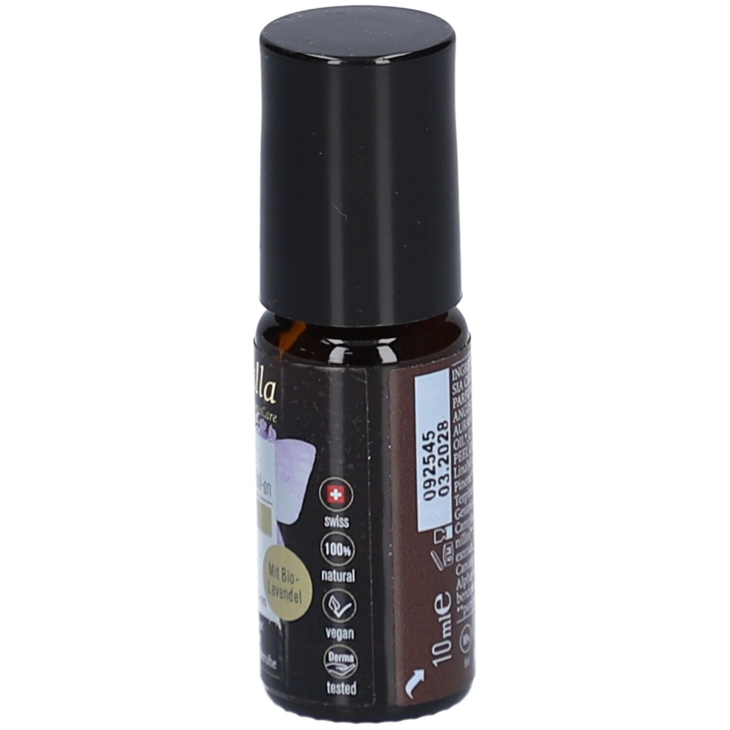 Flacon en verre brun avec bouchon noir. Étiquette avec informations produit et labels de qualité. 10ml.