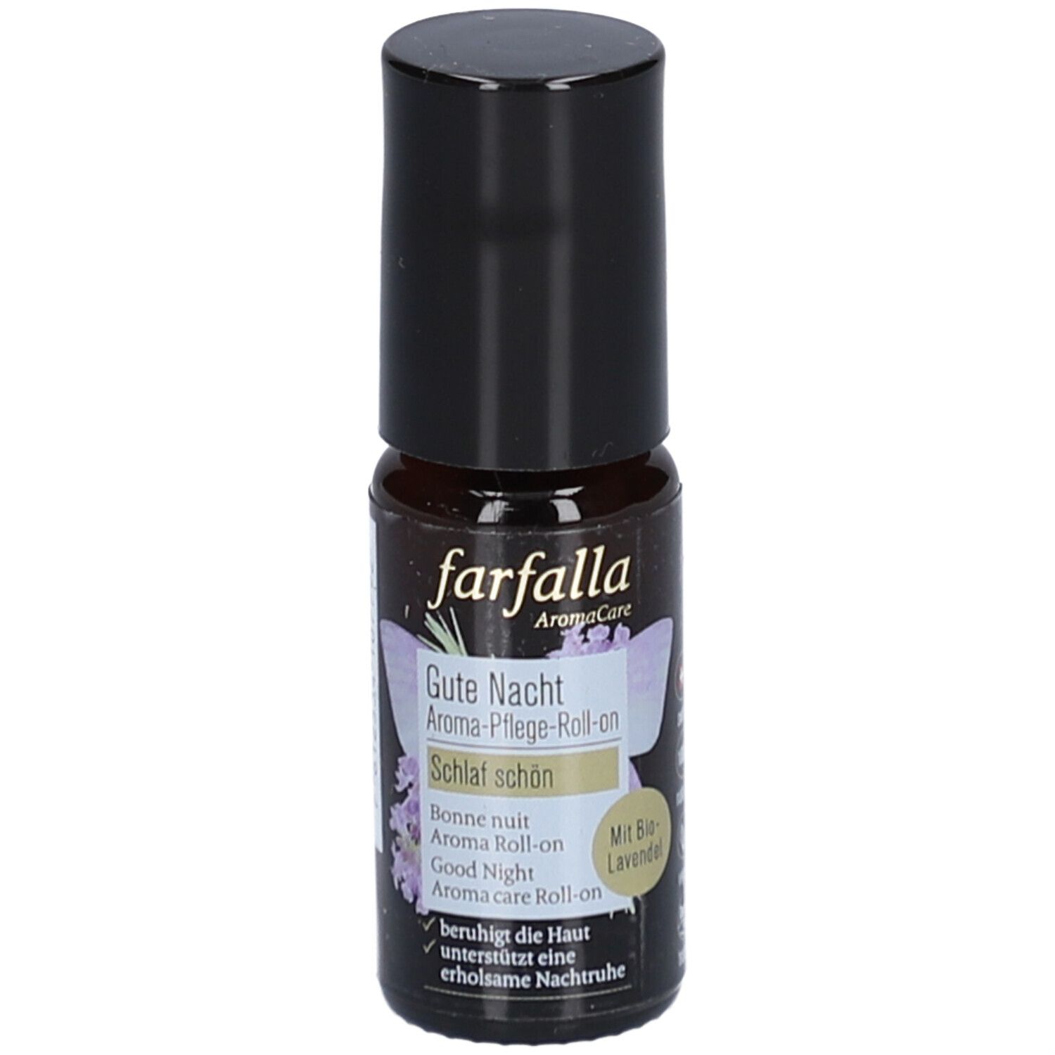 Flacon en verre brun avec bouchon noir. Inscription: Farfalla Aroma-Pflege-Roll-On Gute Nacht. Avec lavande.