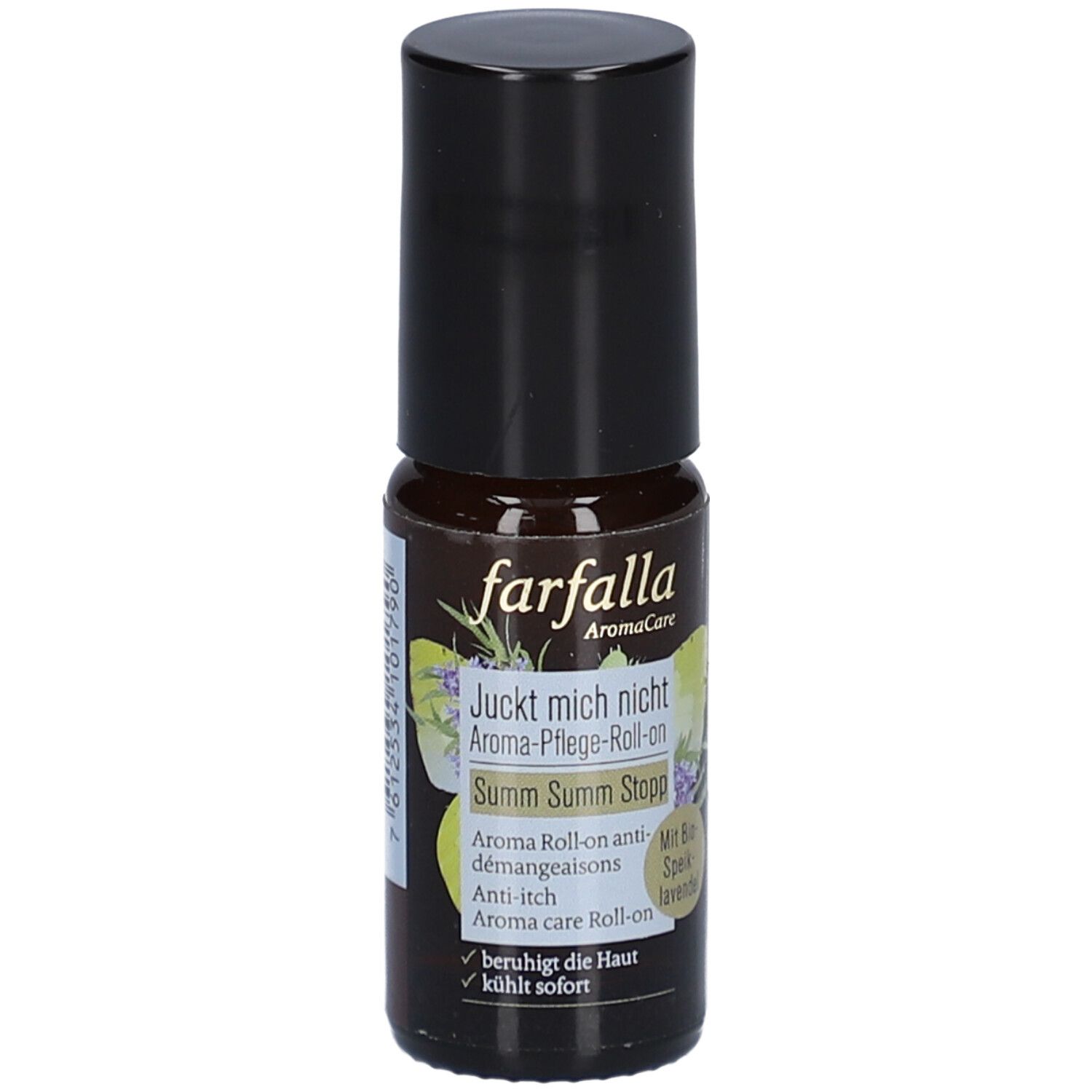 Bruine roll-on fles met zwarte dop. Opschrift: farfalla, Aroma-Pflege-Roll-on, Juckt mich nicht, Summ Summ Stopp.
