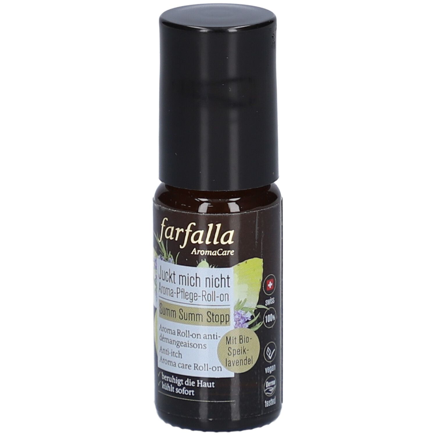 Bruine roll-on fles met zwarte dop. Opschrift: farfalla, Aroma-Pflege-Roll-on, Juckt mich nicht, Summ Summ Stopp.