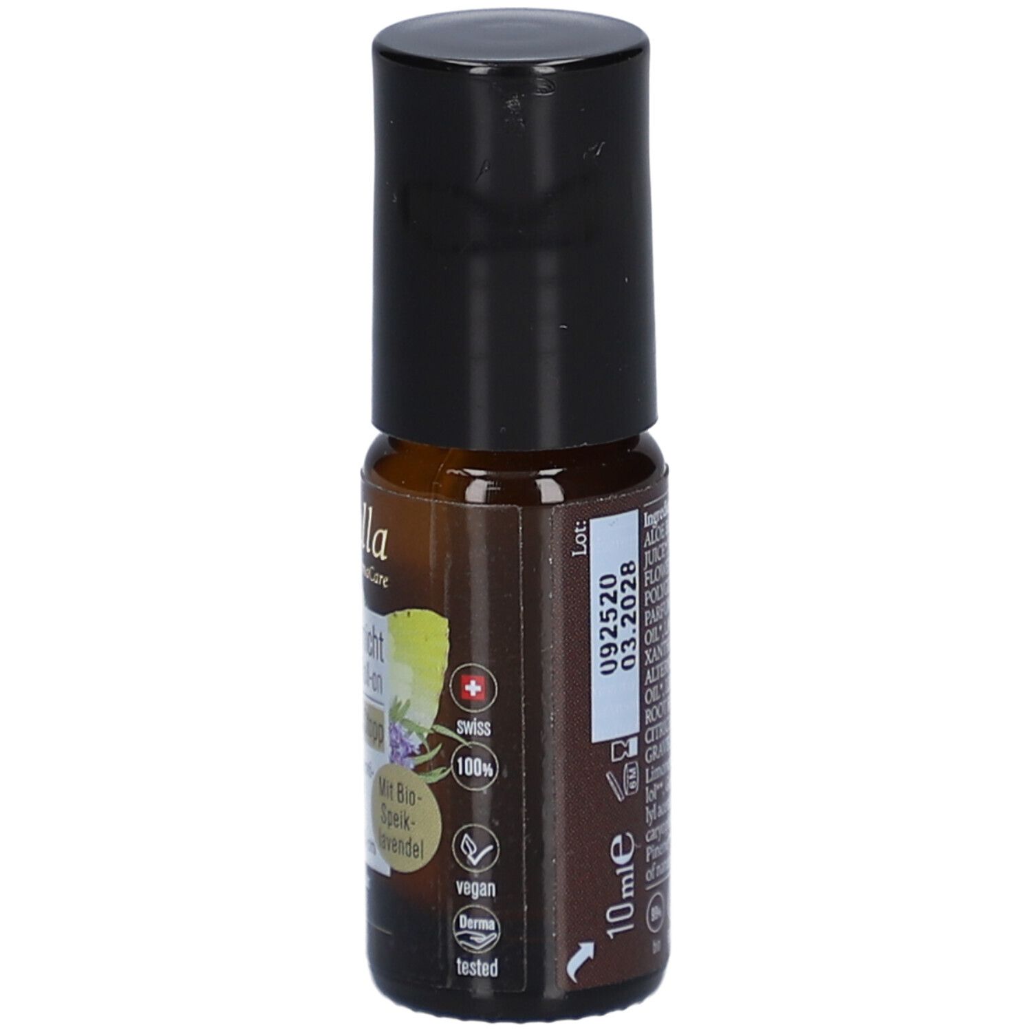 Bruine roll-on fles met zwarte dop. Opschrift: farfalla, 10ml, vegan, swiss, bio kwaliteit.