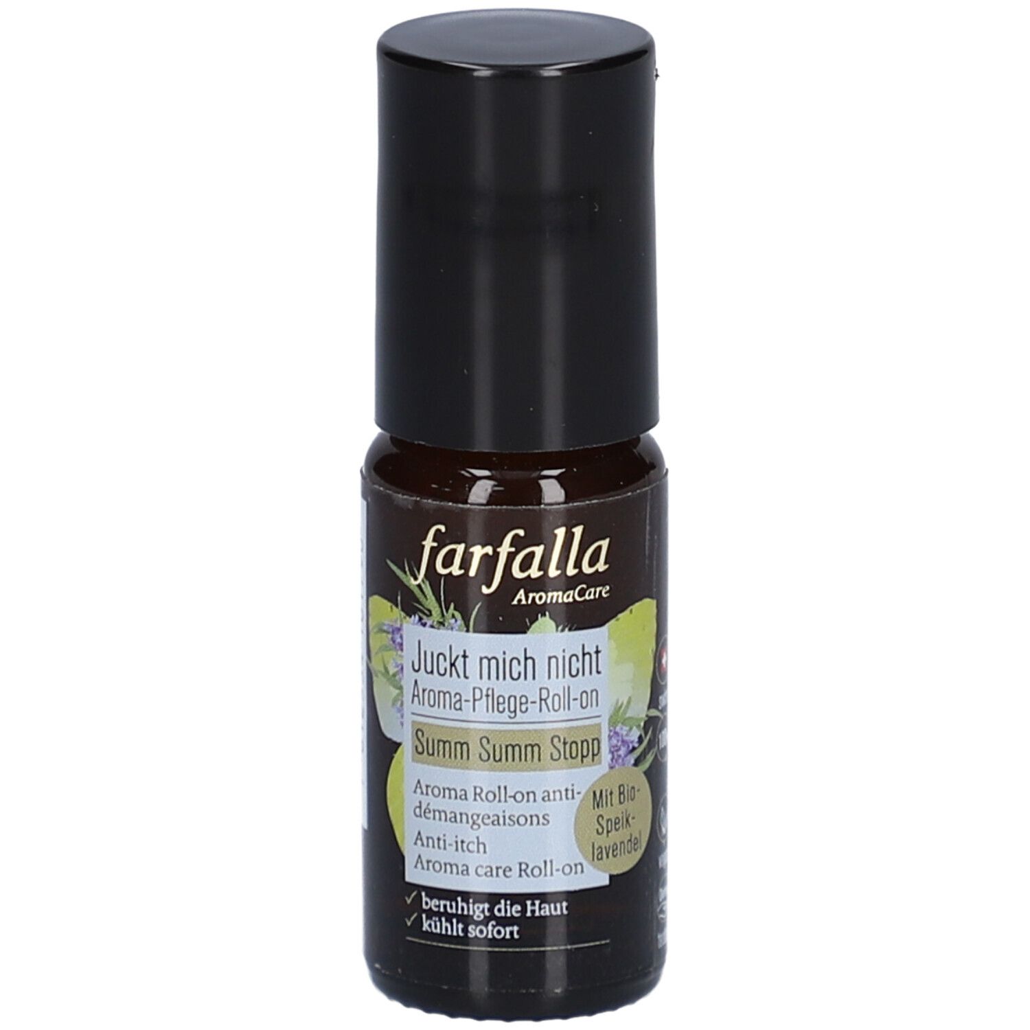 Bruine roll-on fles met zwarte dop. Opschrift: farfalla, Aroma-Pflege-Roll-on, Juckt mich nicht, Summ Summ Stopp.