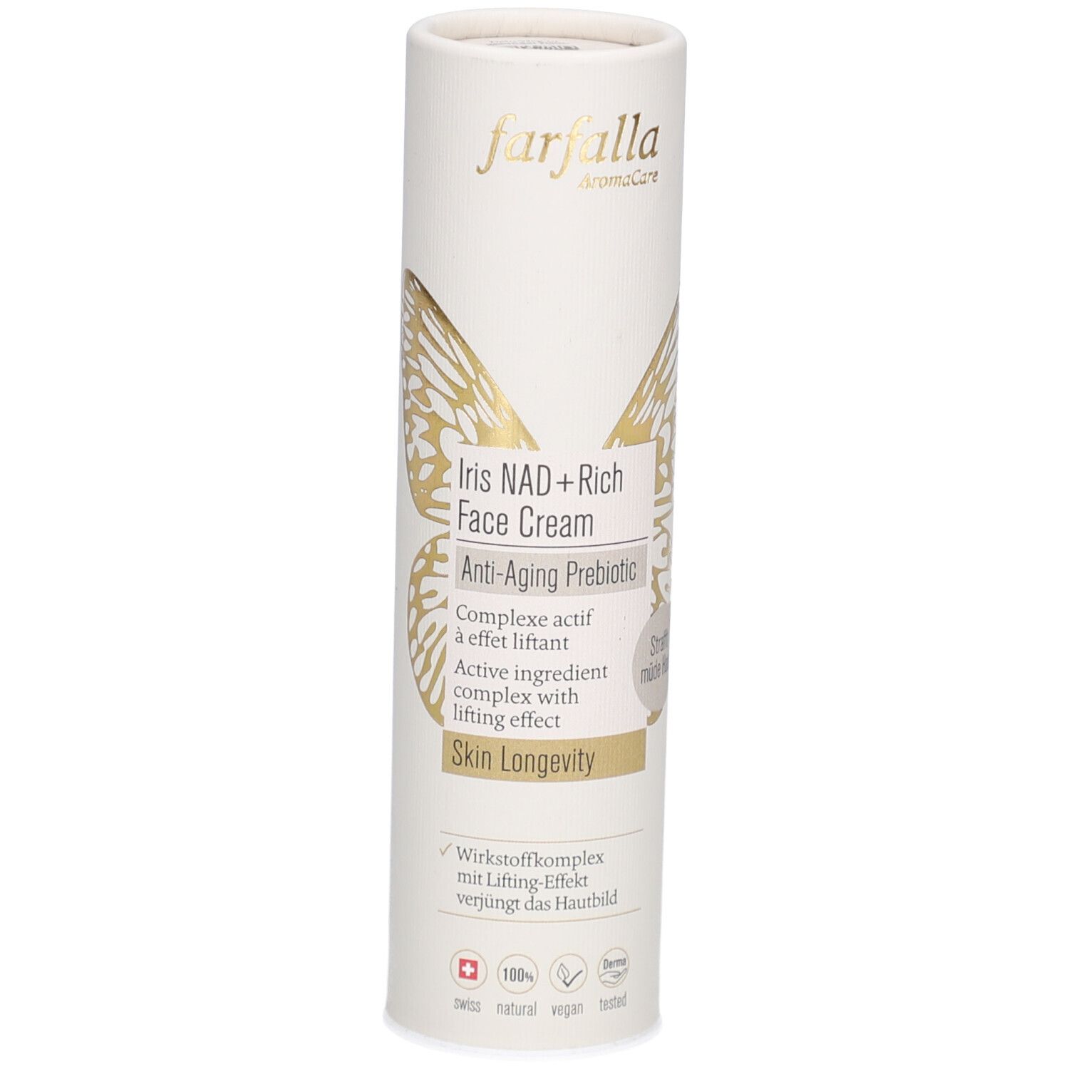 Cilindrische verpakking met productnaam en logo. Tekst: Iris NAD+ Rich Face Cream, Anti-Aging Prebiotic. Gouden vlindergrafiek.