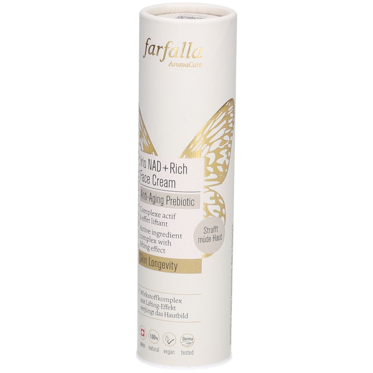 Cilindrische verpakking met productnaam en logo. Tekst: Iris NAD+ Rich Face Cream, Anti-Aging Prebiotic. Gouden vlindergrafiek.