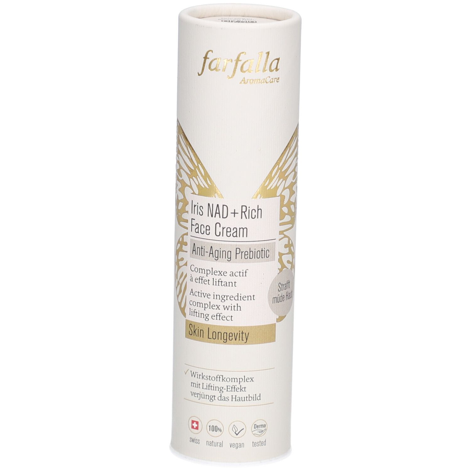 Cilindrische verpakking met productnaam en logo. Tekst: Iris NAD+ Rich Face Cream, Anti-Aging Prebiotic. Gouden vlindergrafiek.